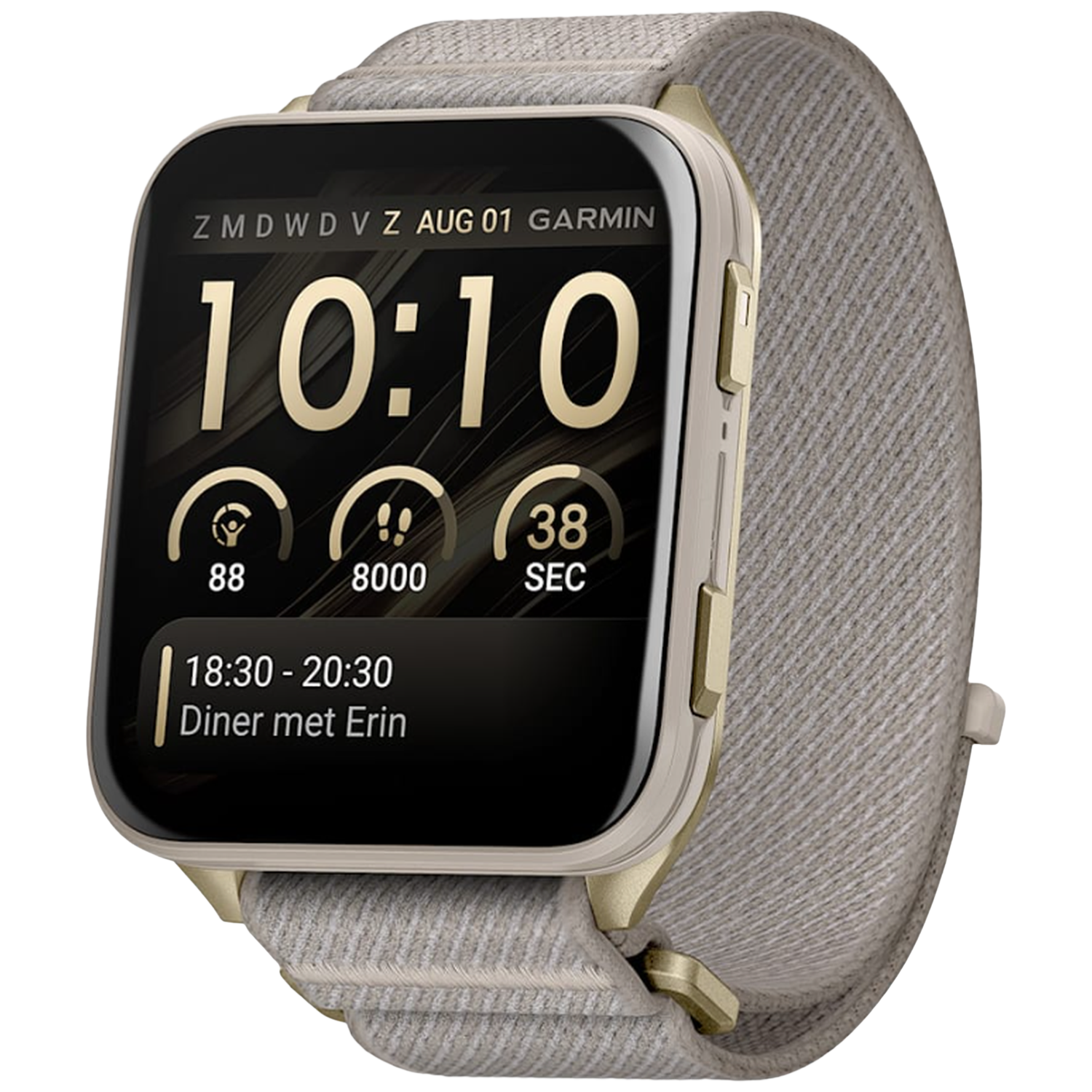 Een beige Garmin smartwatch met stoffen band toont 10:10, datum, stappen en een vergadering.