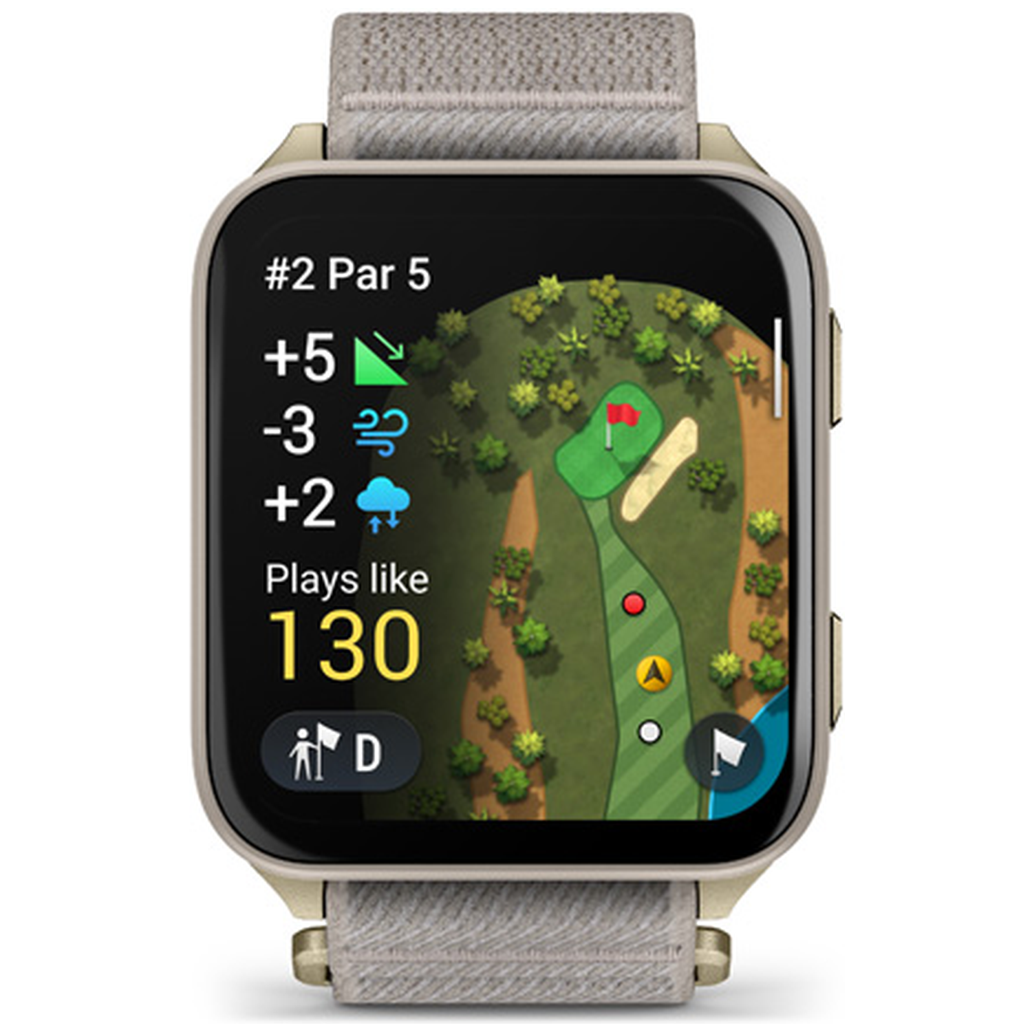 Smartwatch met golfbaanweergave: #2 Par 5, 130 yards, wind en weer.
