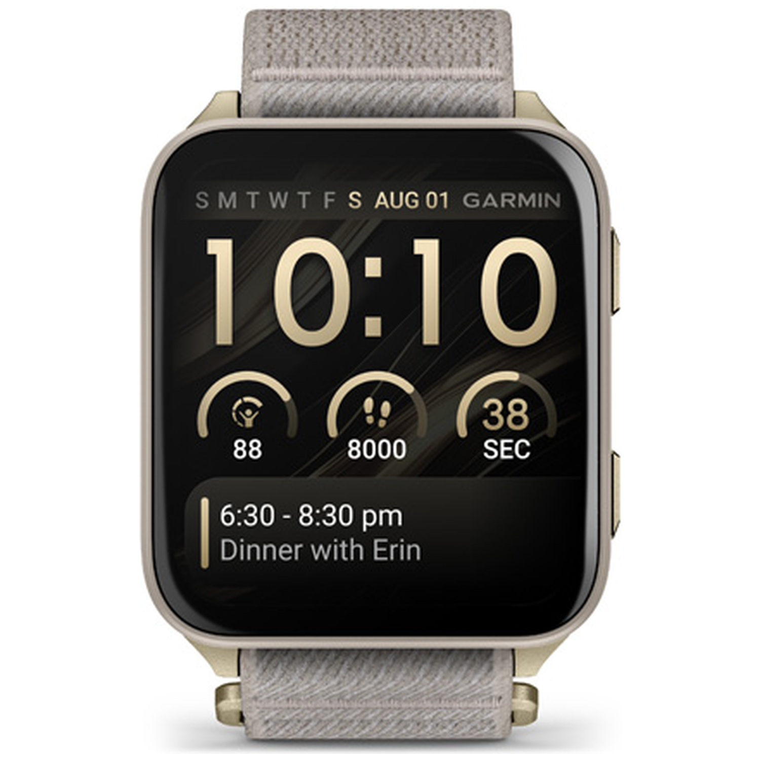 Gouden Garmin smartwatch met beige band toont 10:10, 88 stappen, 8000 stappen, 38 sec.