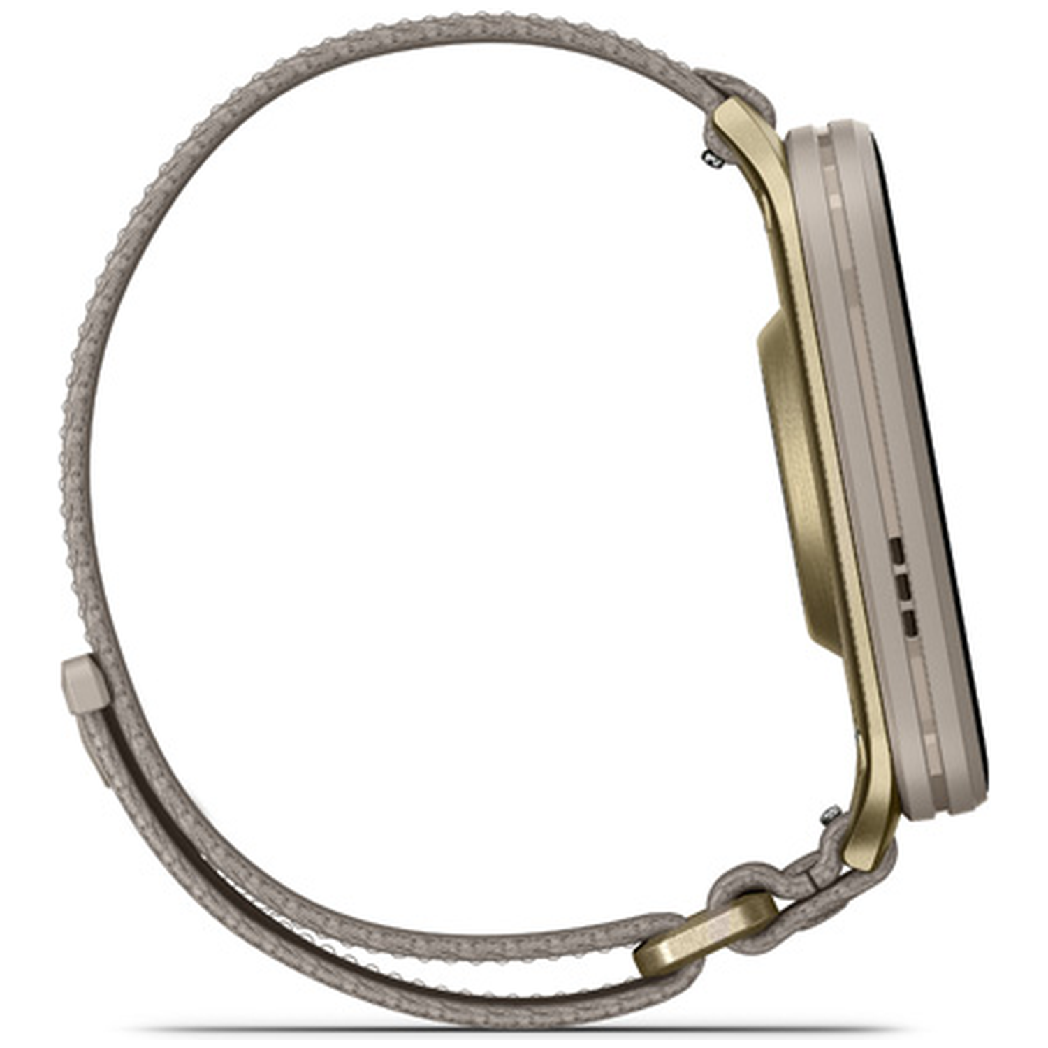 Een gouden smartwatch met grijze stoffen band, van de zijkant gezien.