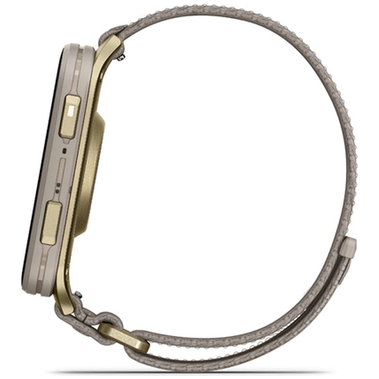 Gouden smartwatch zijkant met grijs stoffen bandje, witte achtergrond