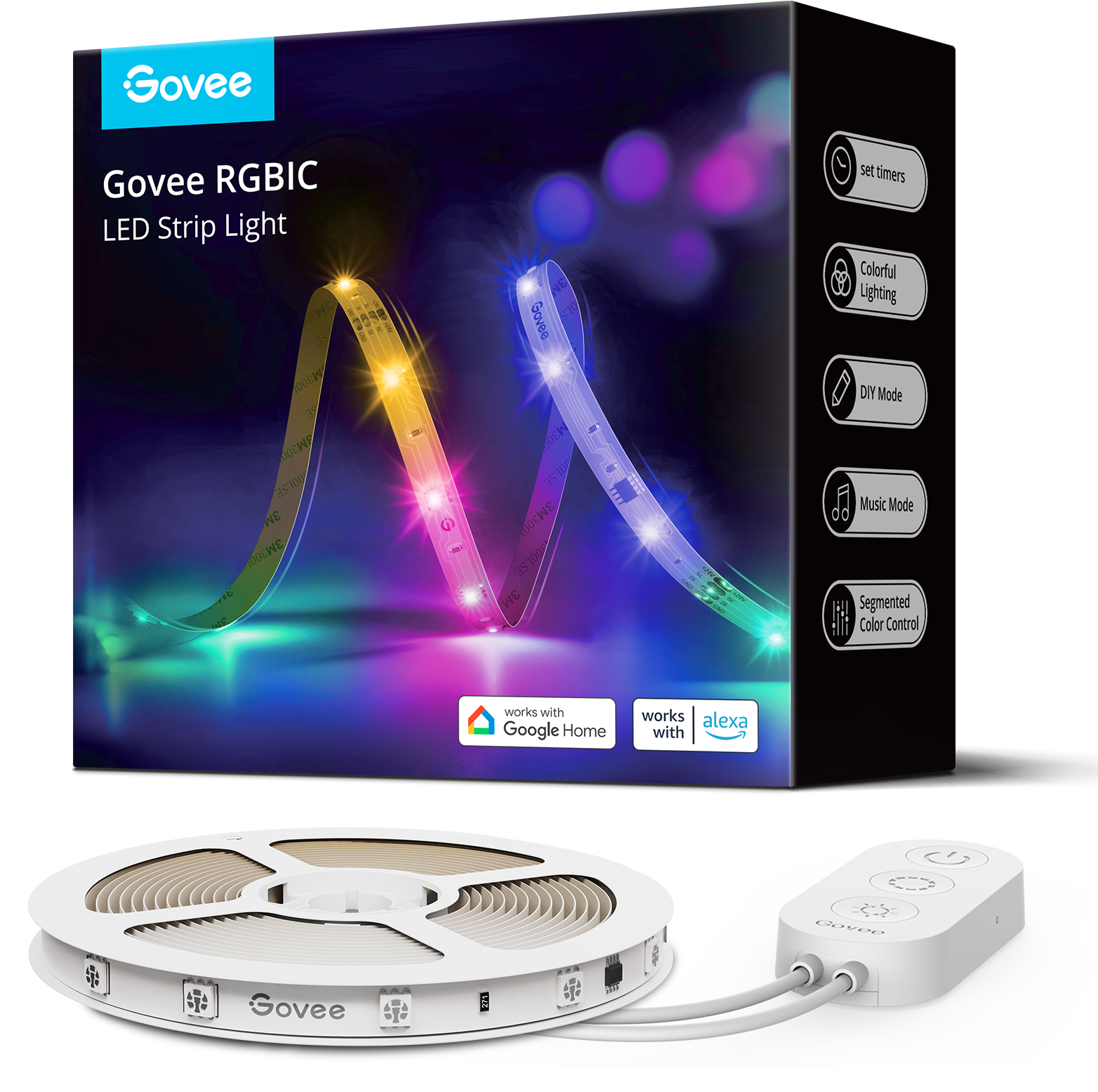 Govee RGBIC LED szalagfény egy orsón, vezérlődobozzal és csomagolással.