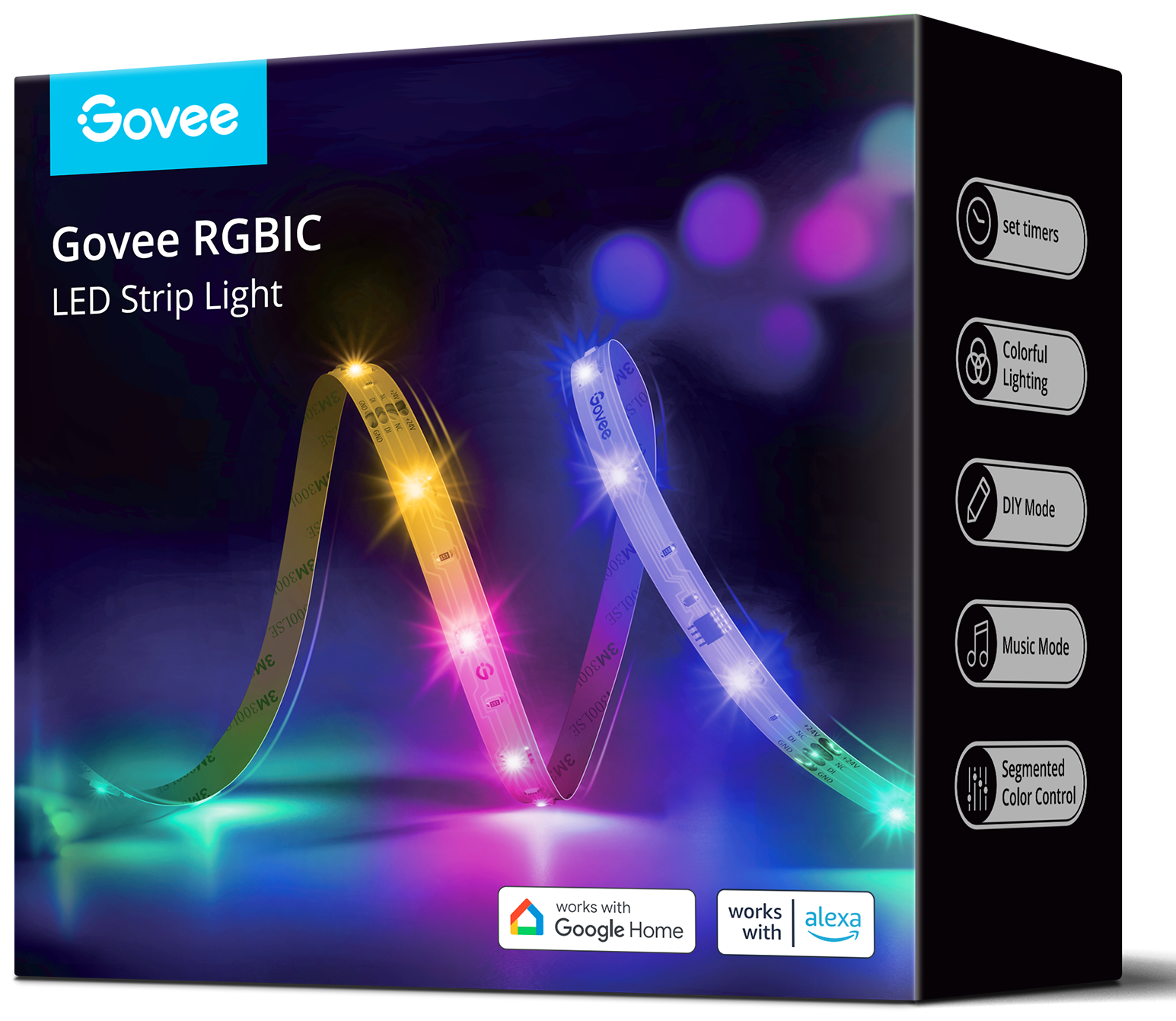 Govee RGBIC LED szalagfény doboza színes fényeket mutat.