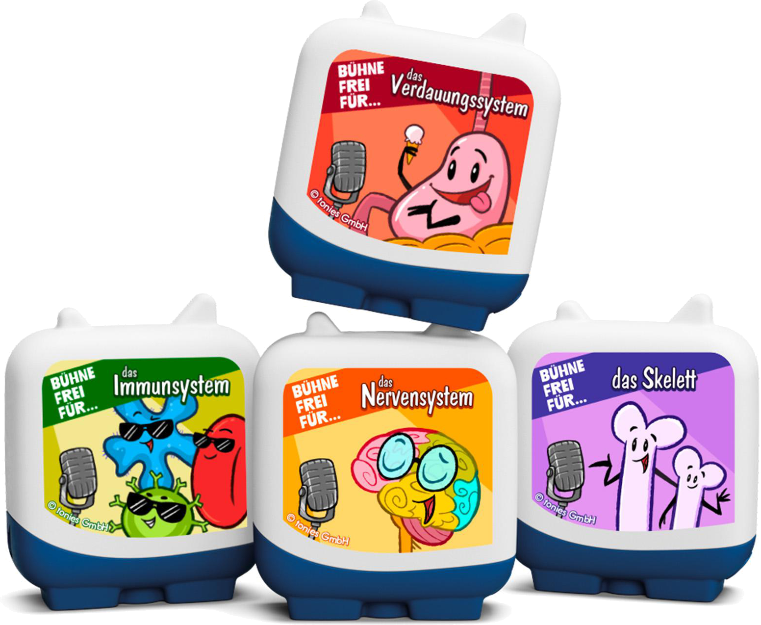 Vier Tonieboxen mit bunten Bildern von menschlichen Körpersystemen. Verdauung, Immunsystem, Nervensystem, Skelett.