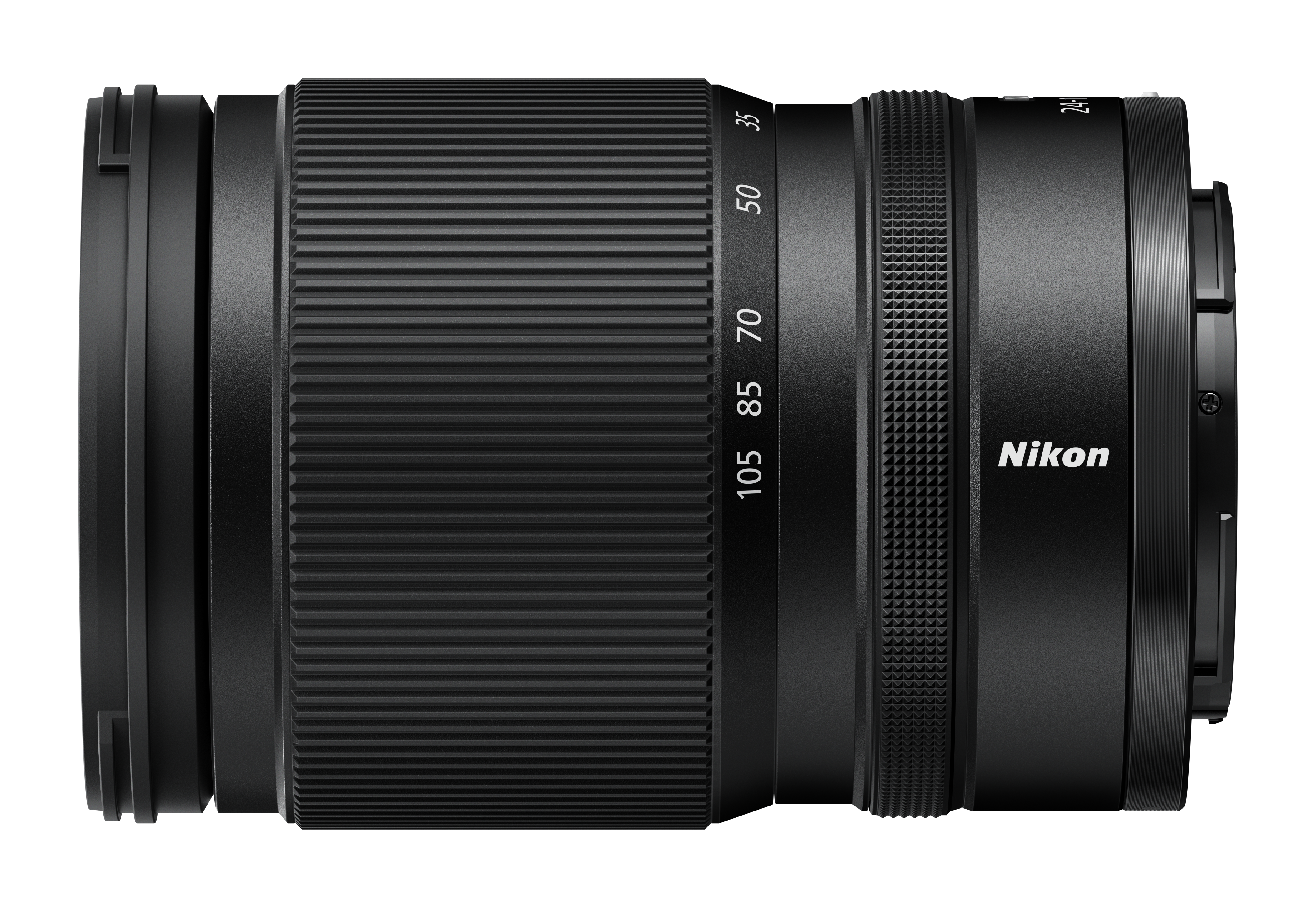 Schwarzes Nikon Objektiv mit Ringen und Brennweitenangaben (105-35mm).