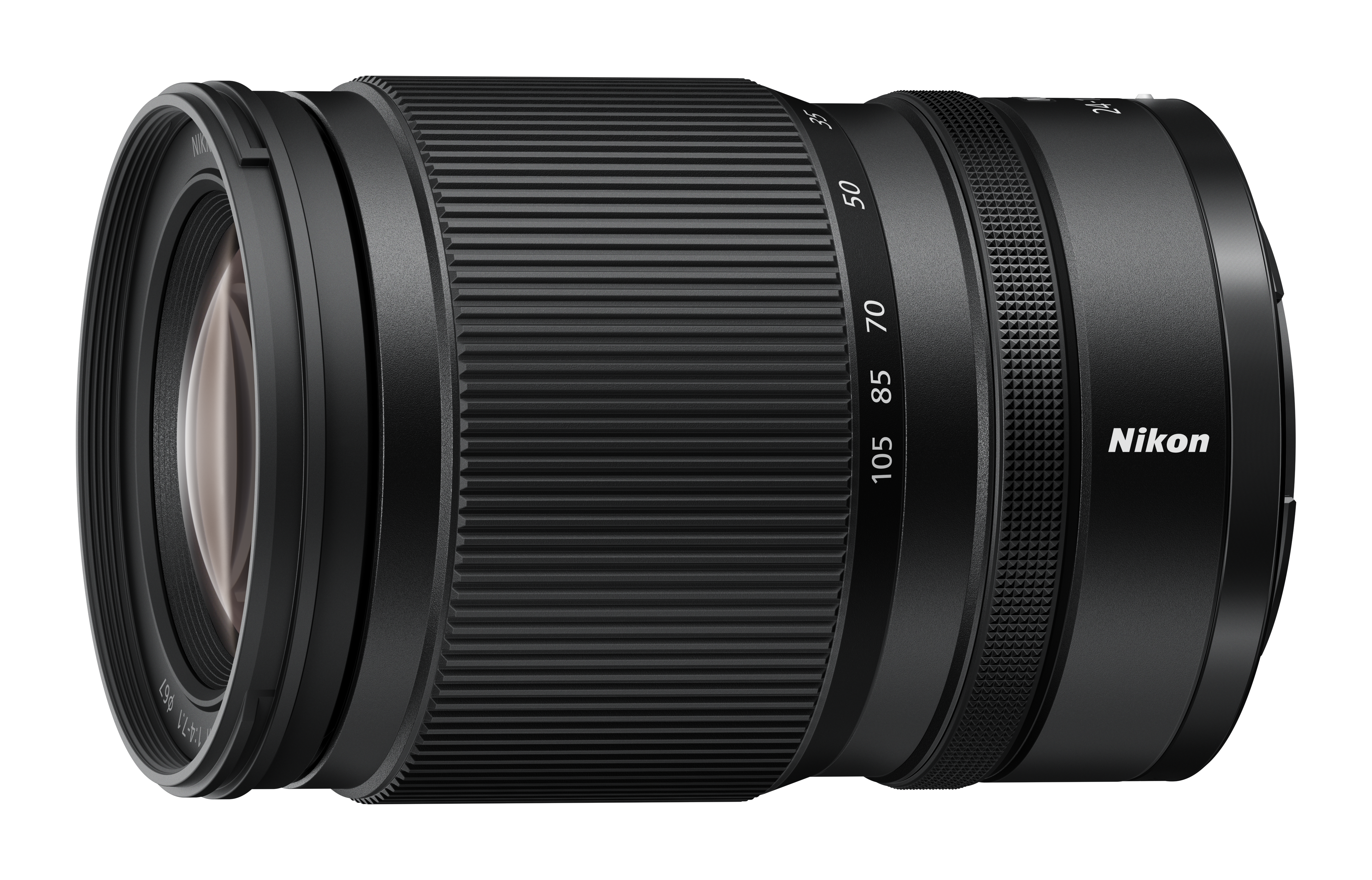 Ein schwarzes Nikon Objektiv mit Zoomring und Brennweitenangaben.