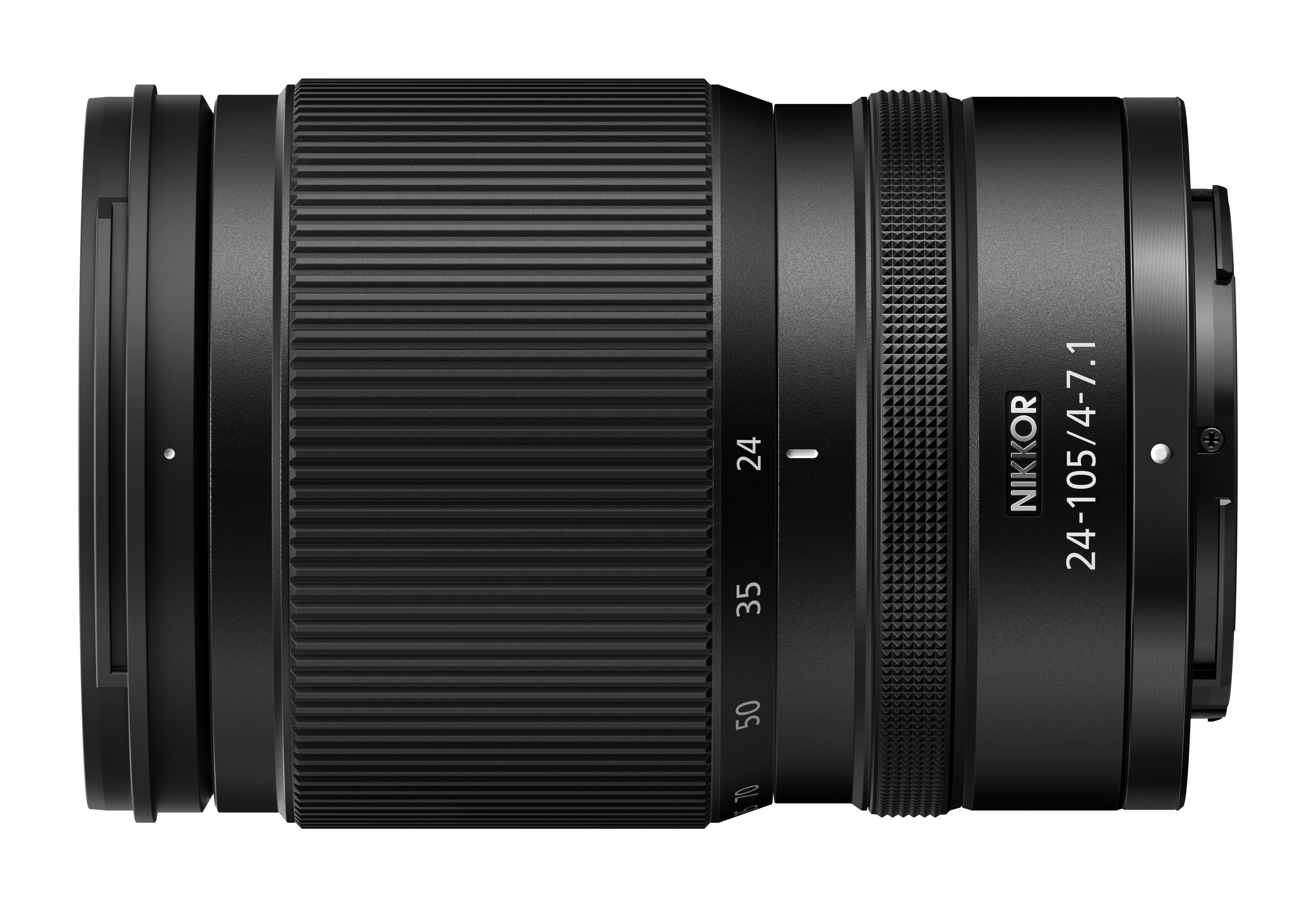 Schwarzes NIKKOR 24-105mm F4-7.1 Objektiv mit Fokussierringen und Zoommarkierungen.
