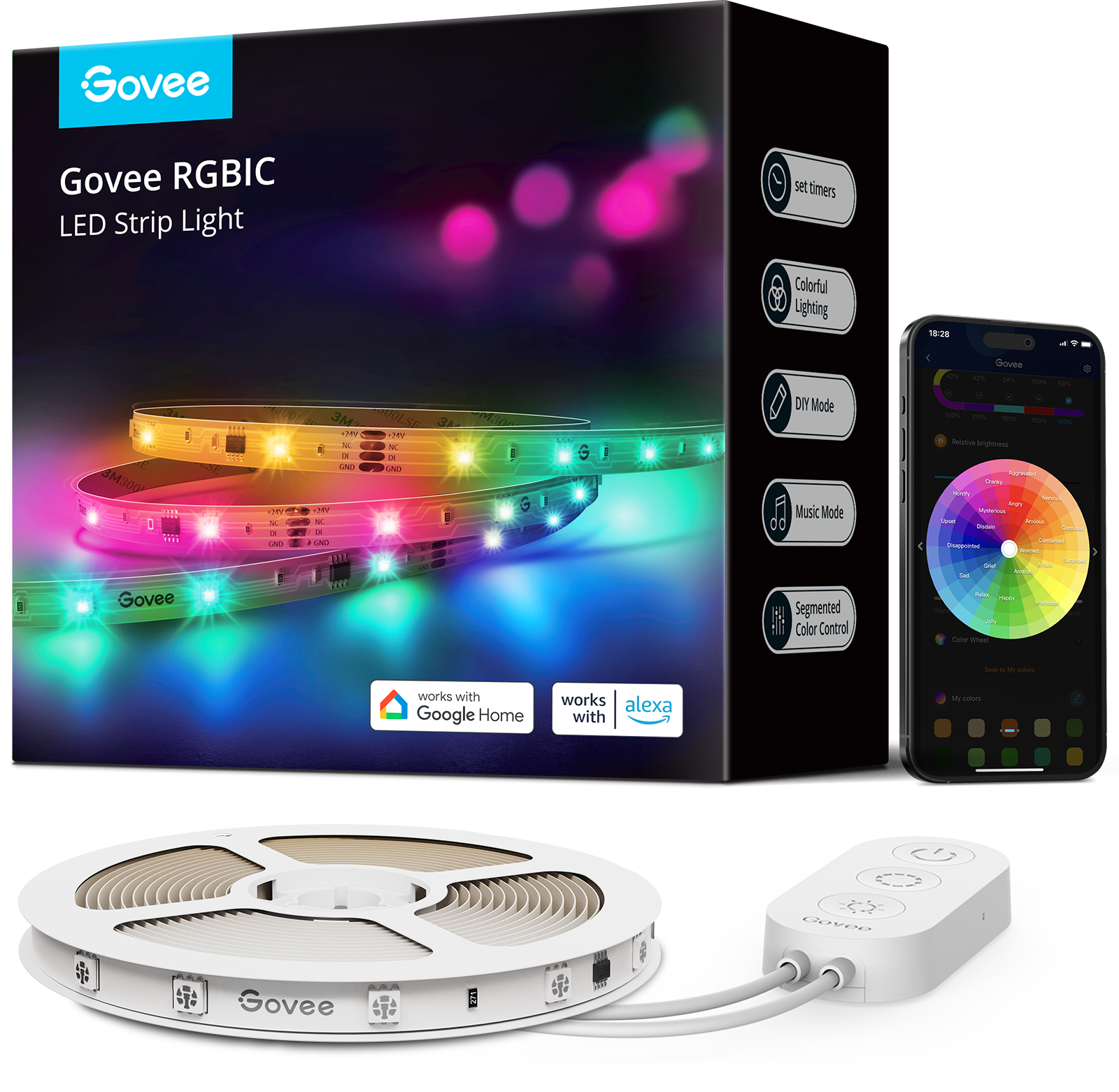 Govee RGBIC LED szalagfény app vezérléssel és távirányítóval, egy orsón látható.