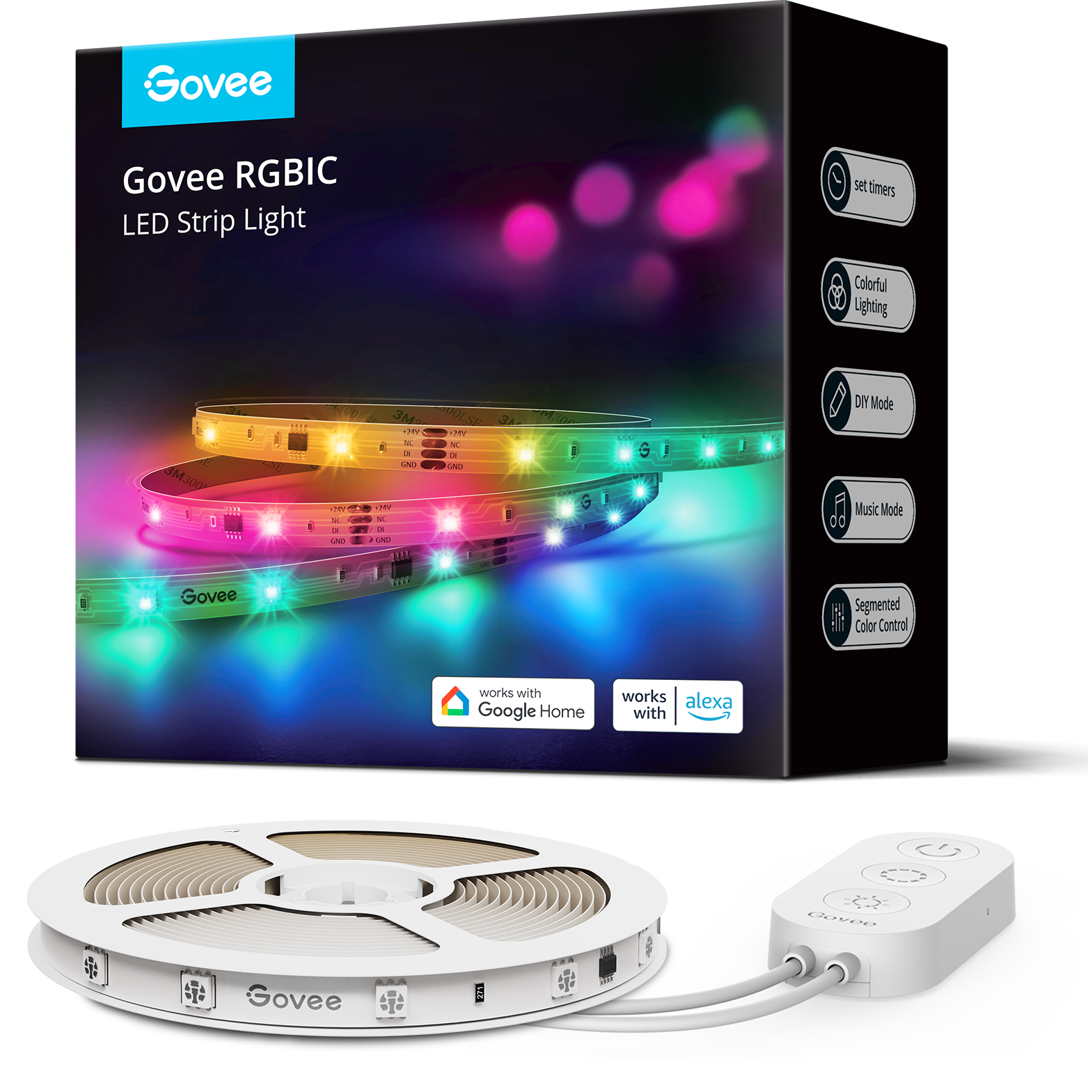 Govee RGBIC LED szalagfény feltekercselve és csomagolásban, vezérlővel.