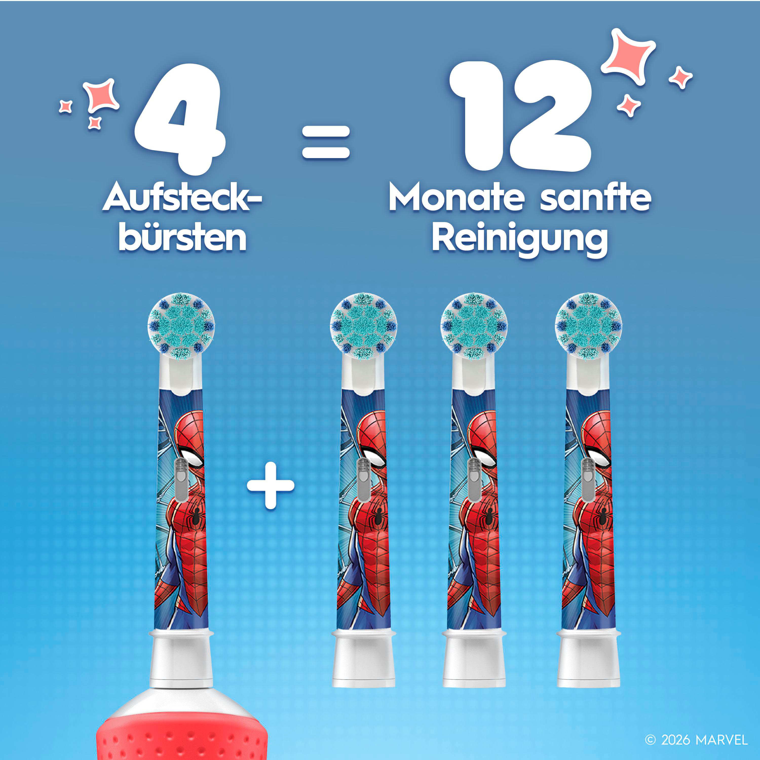 4 Spiderman Bürstenköpfe ergeben 12 Monate sanfte Reinigung.