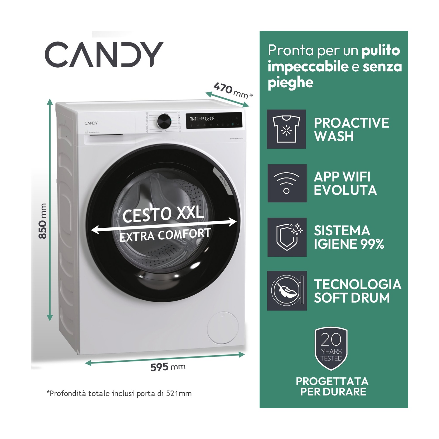 Lavatrice Candy bianca con cestello XXL, dimensioni 85x59.5x47cm.