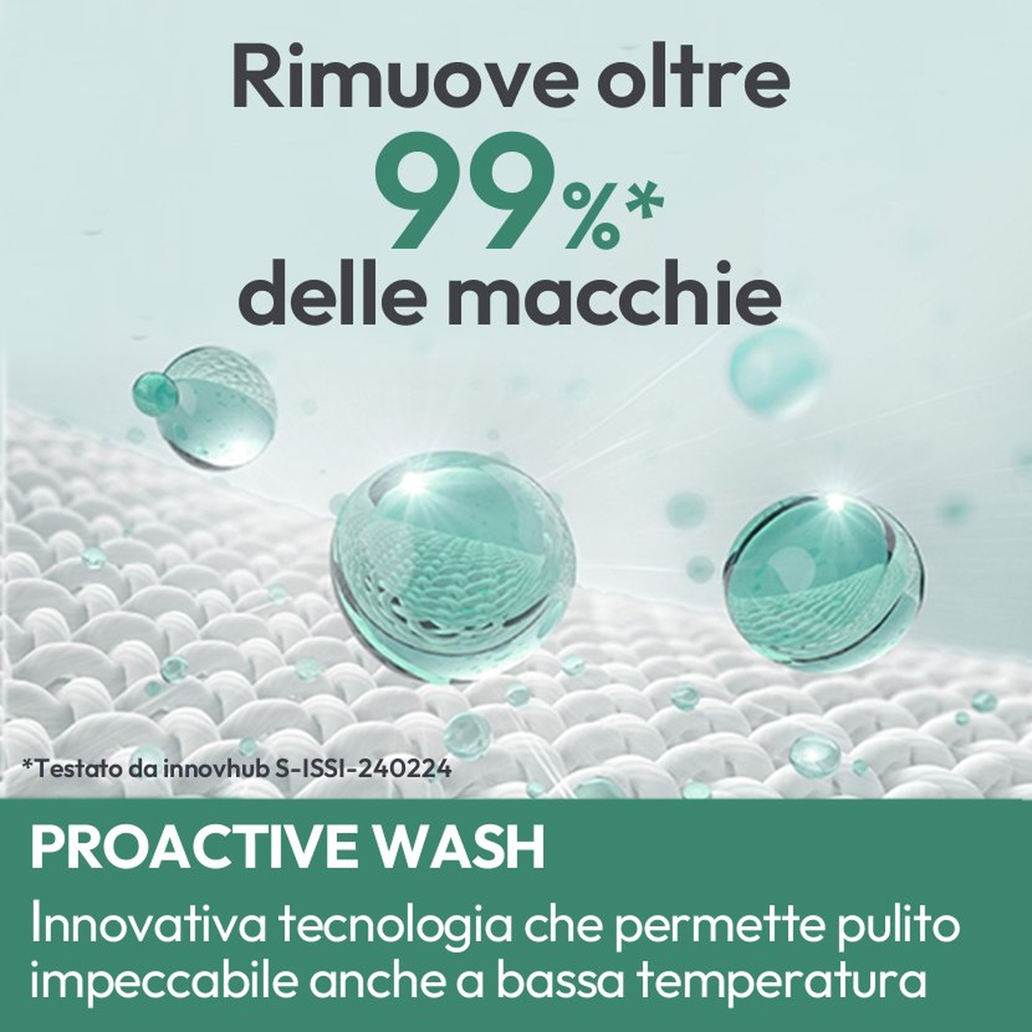 Gocce d'acqua su tessuto bianco. Rimuove il 99% delle macchie.