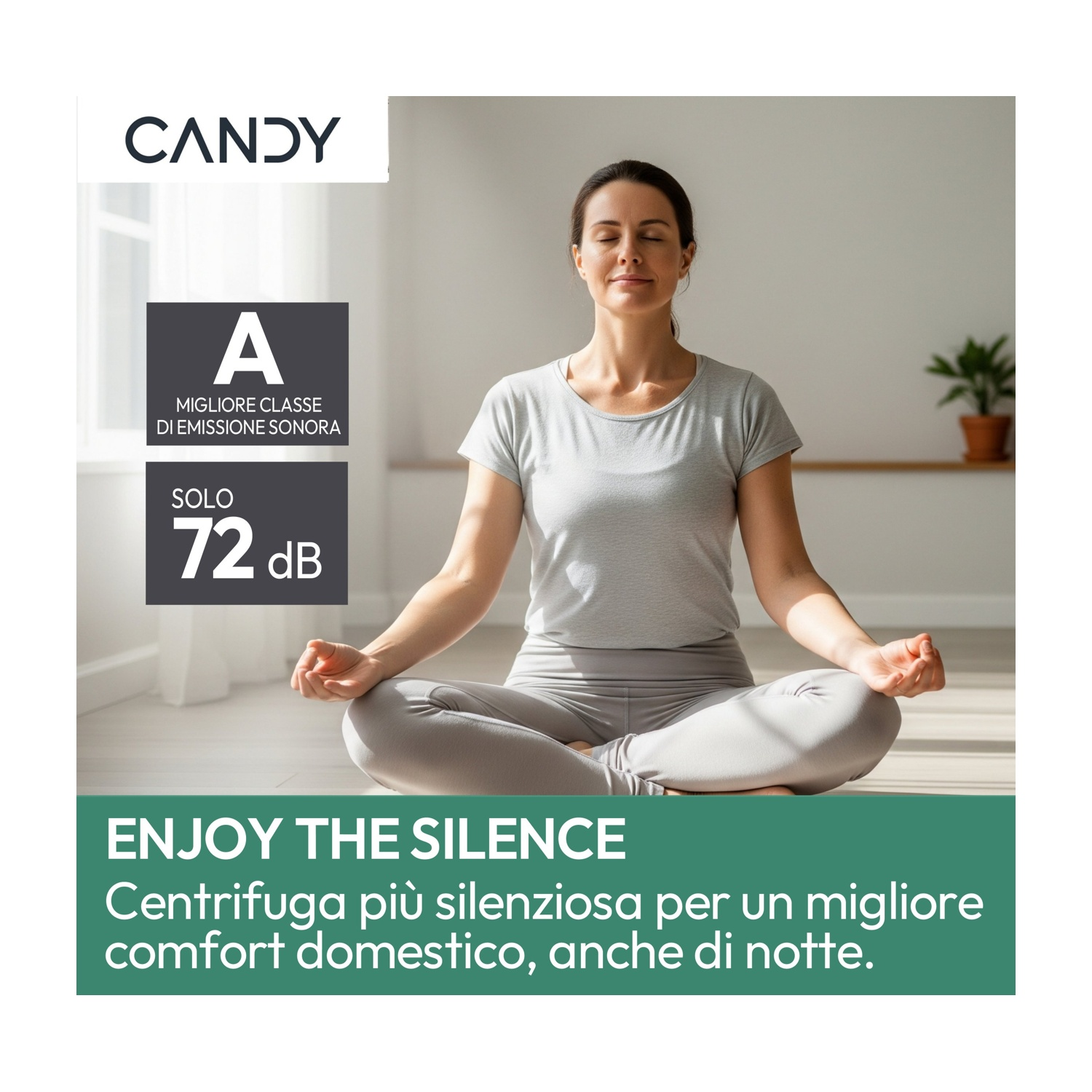 Una donna medita in una stanza luminosa. Logo Candy in alto a sinistra.