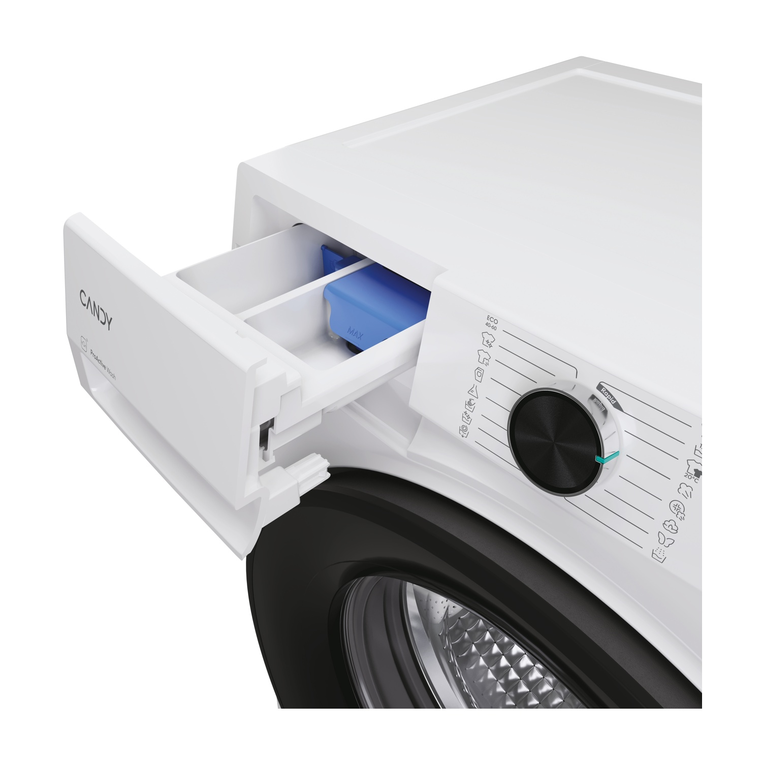 Lavatrice bianca con cassetto detersivo estratto. Scomparto blu con segno MAX.