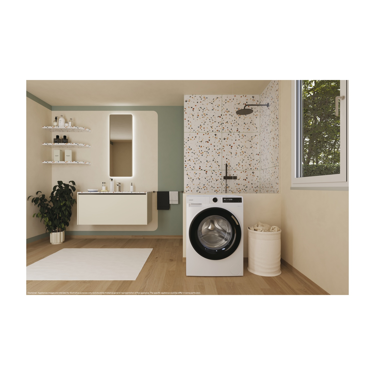 Bagno moderno con lavatrice bianca, lavabo, mensole e doccia. Pavimento in legno.