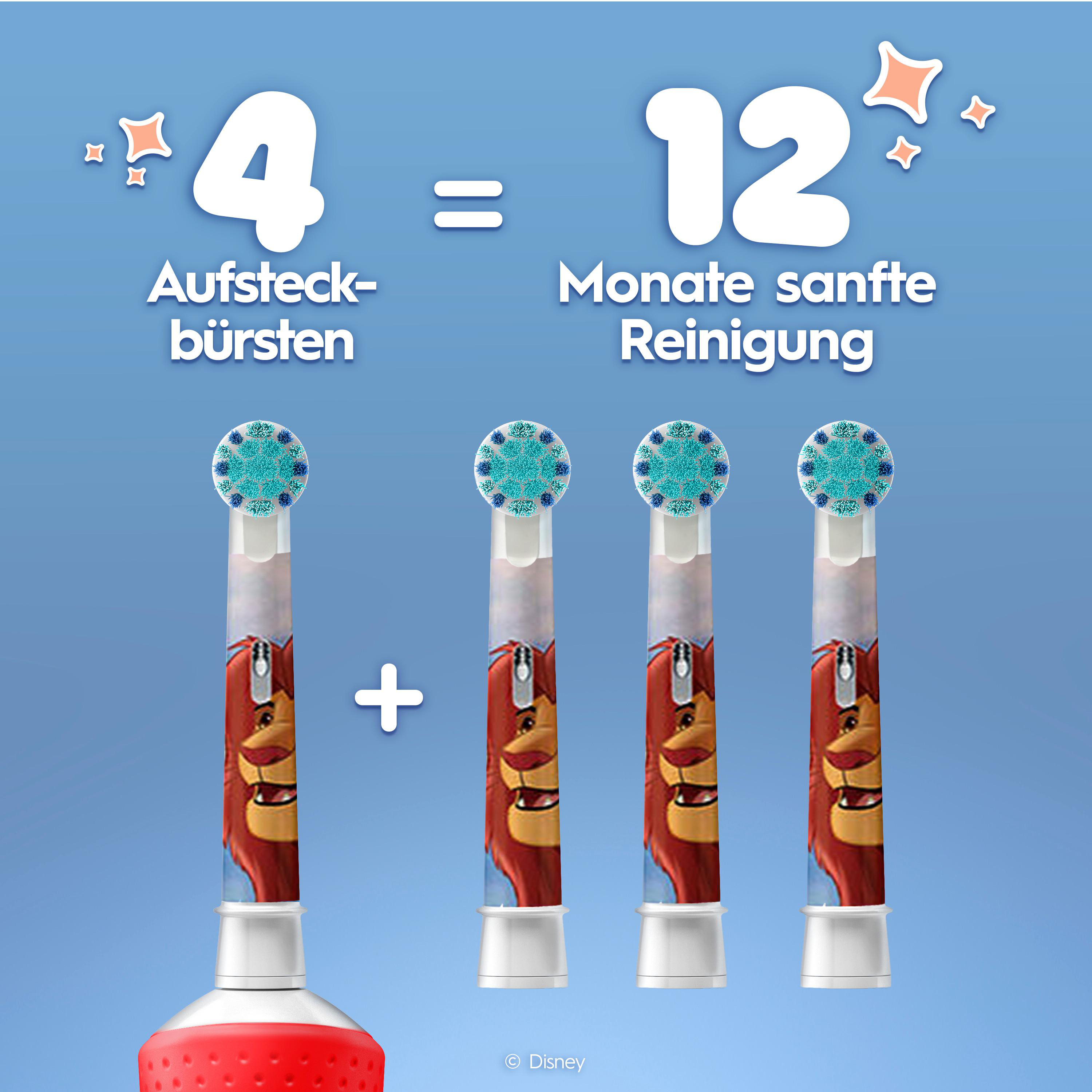 Vier Aufsteckbürsten mit Löwenmotiv ergeben 12 Monate sanfte Reinigung.