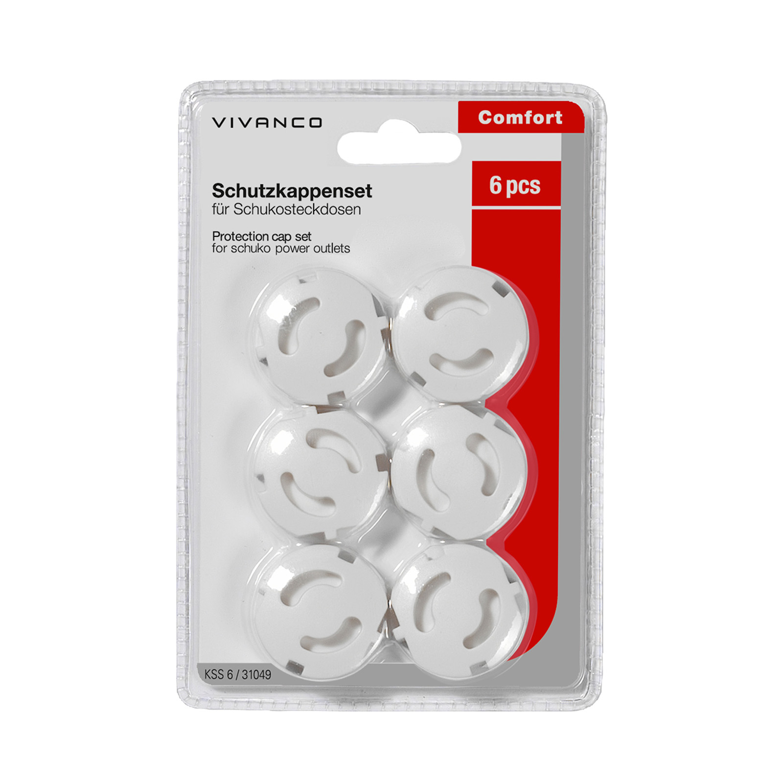 Verpackung mit 6 weißen Schutzkappen für Schukosteckdosen.