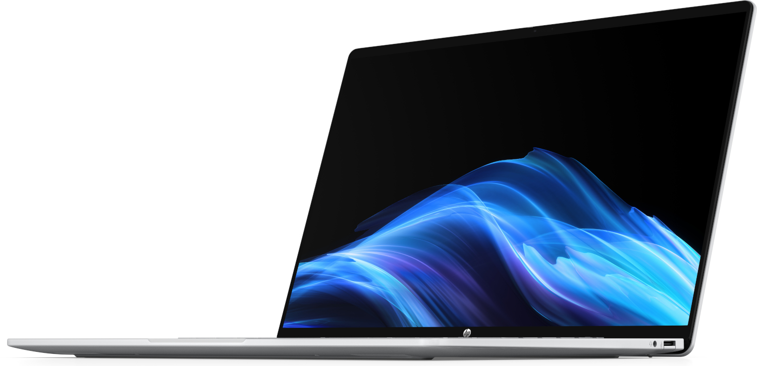 An open laptop displaying a blue and white abstract graphic on its screen.