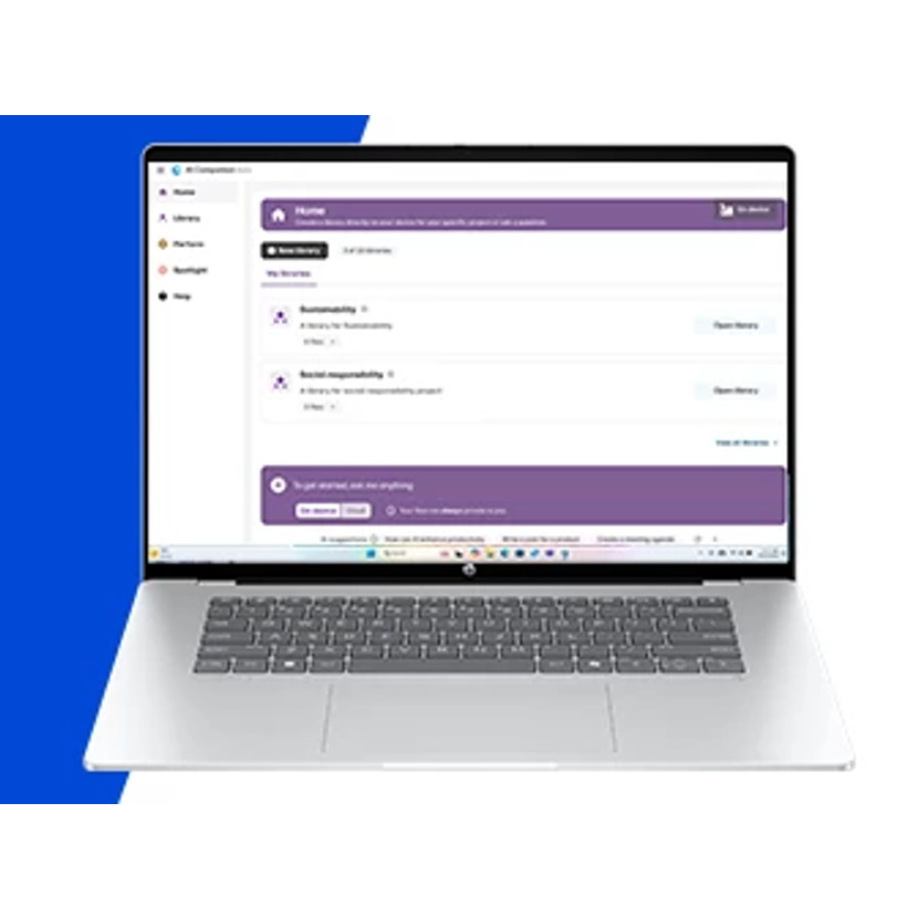 A laptop screen displays a user interface with purple and white elements.