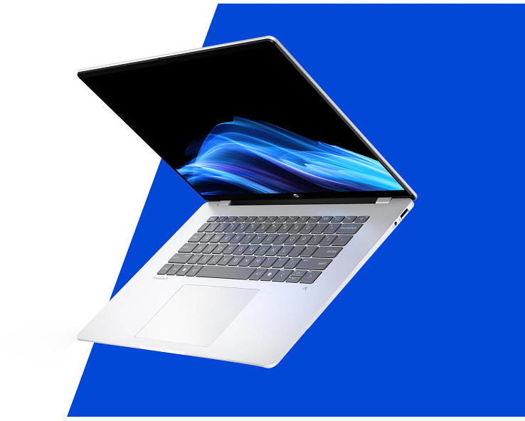 A silver laptop with its screen open, displaying a blue and white graphic.