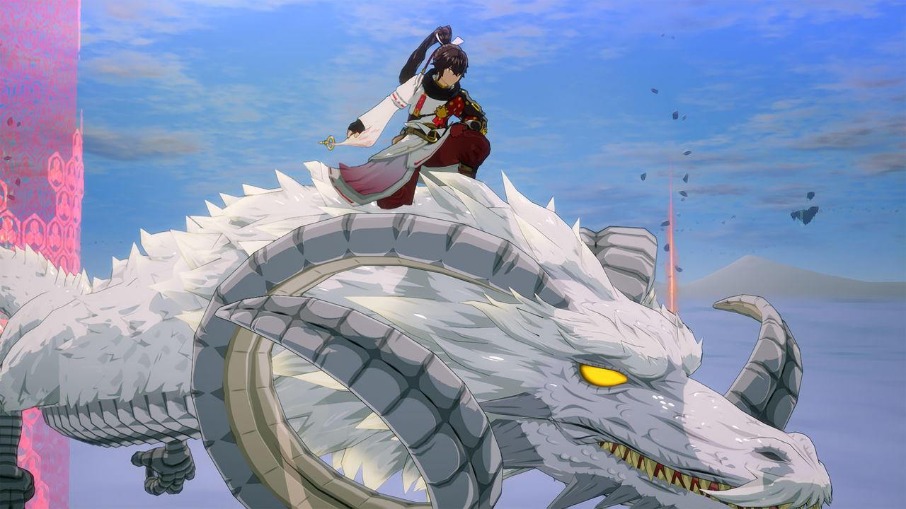 Ein Mann reitet auf einem weißen Drachen vor einem blauen Himmel mit Wolken.