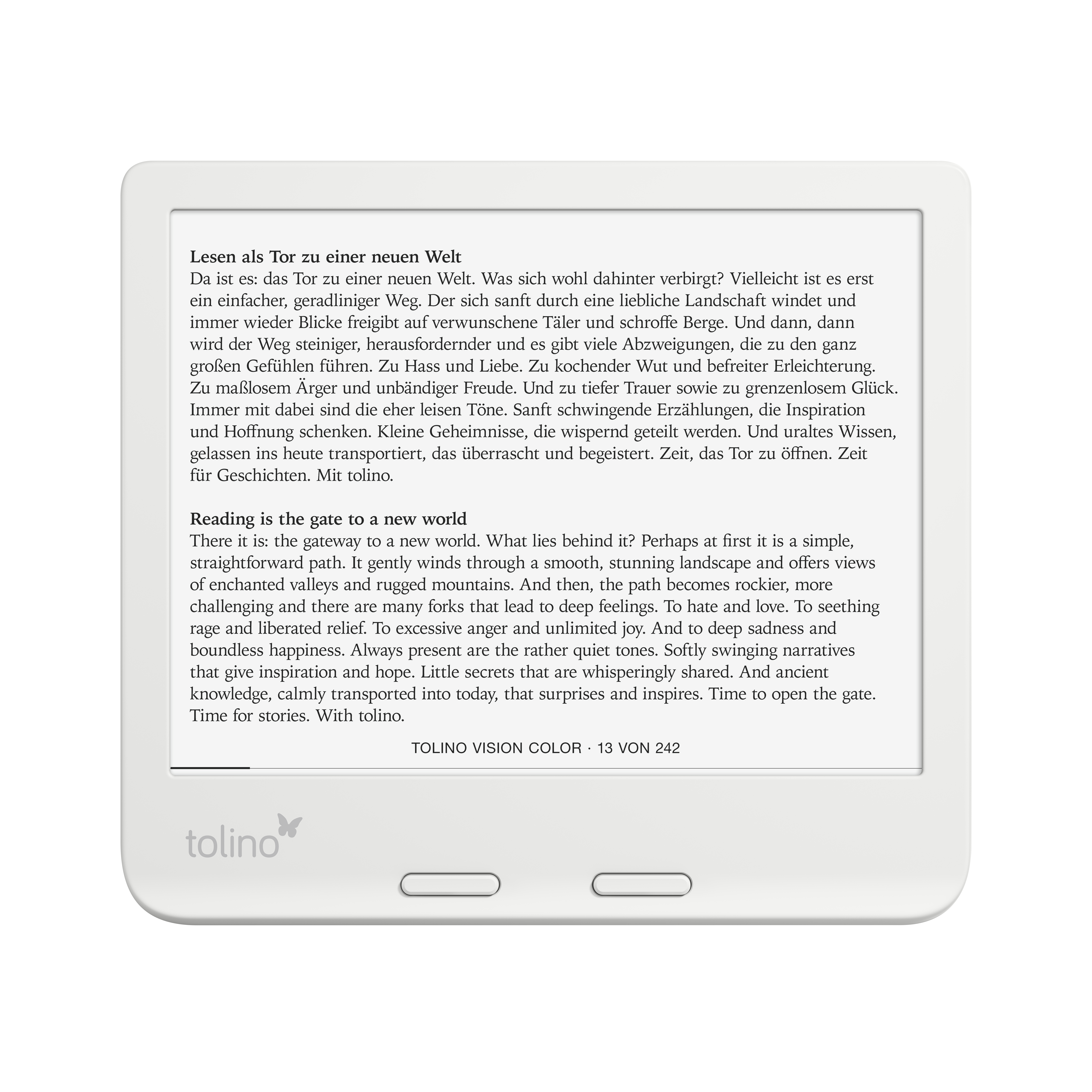 Ein Tolino E-Reader zeigt einen Text über Lesen als Tor zu einer neuen Welt.