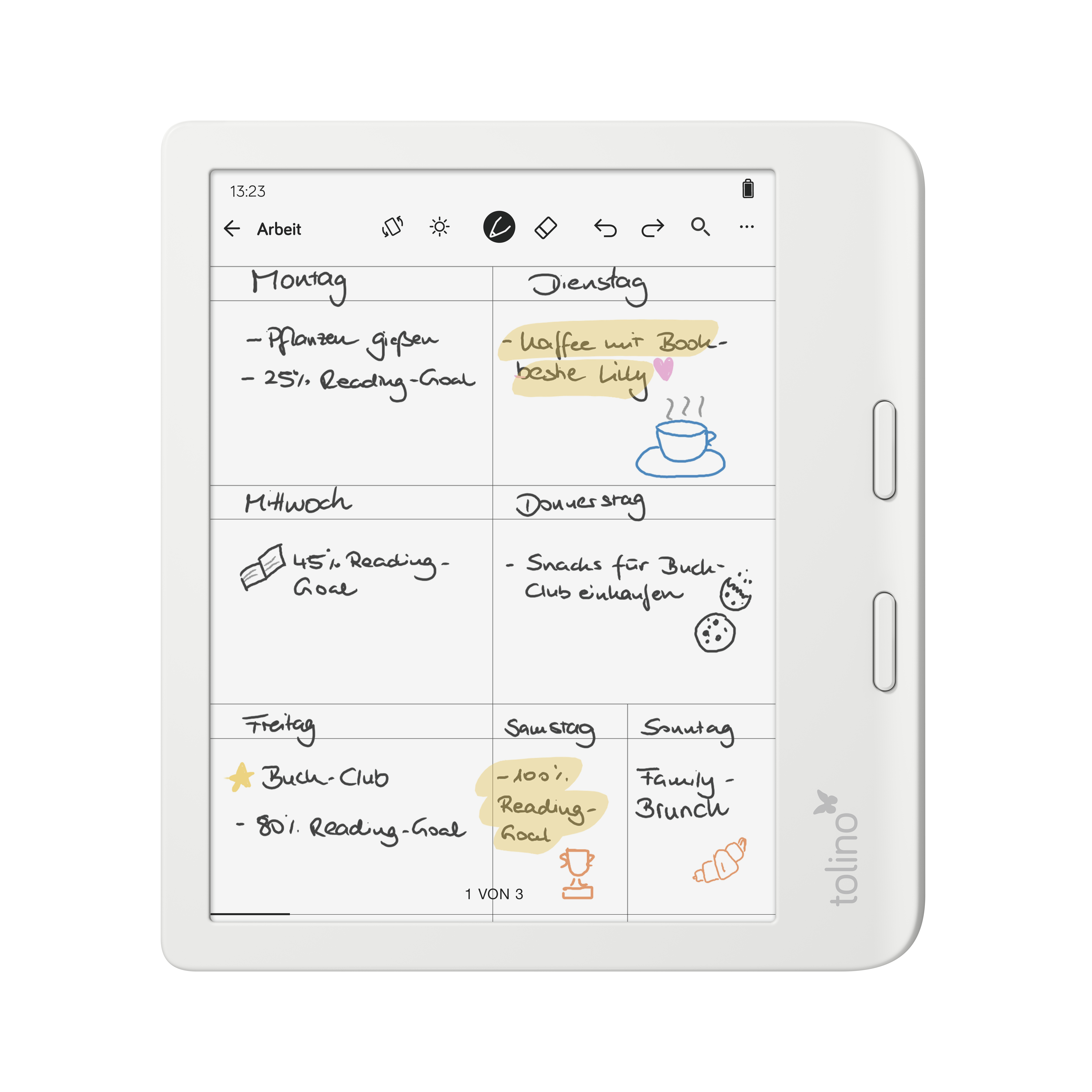 Eine digitale Notiz-App zeigt einen Wochenplan mit handschriftlichen Einträgen und kleinen Symbolen.