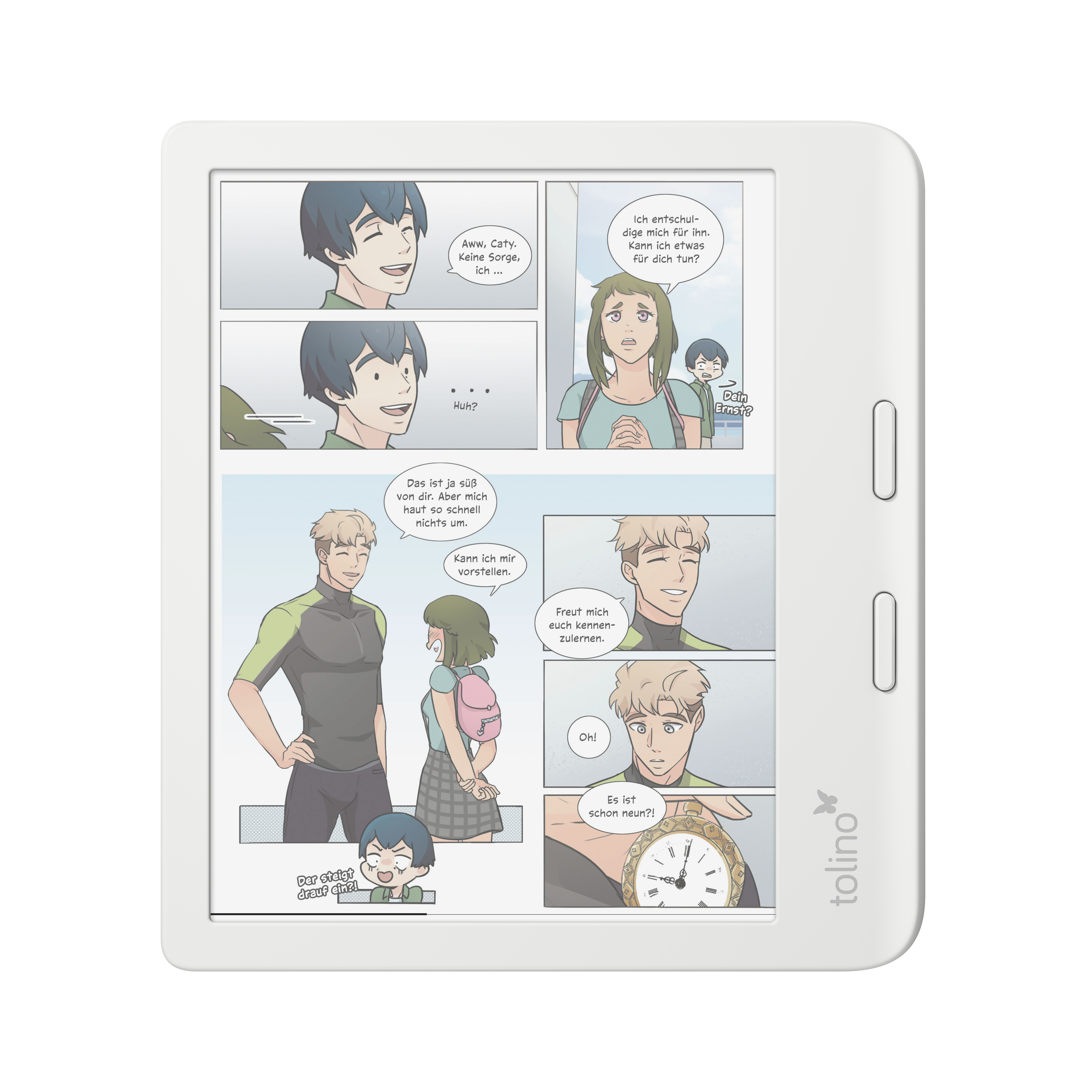 Ein Comic auf einem E-Reader zeigt Charaktere in verschiedenen Panels mit Sprechblasen.