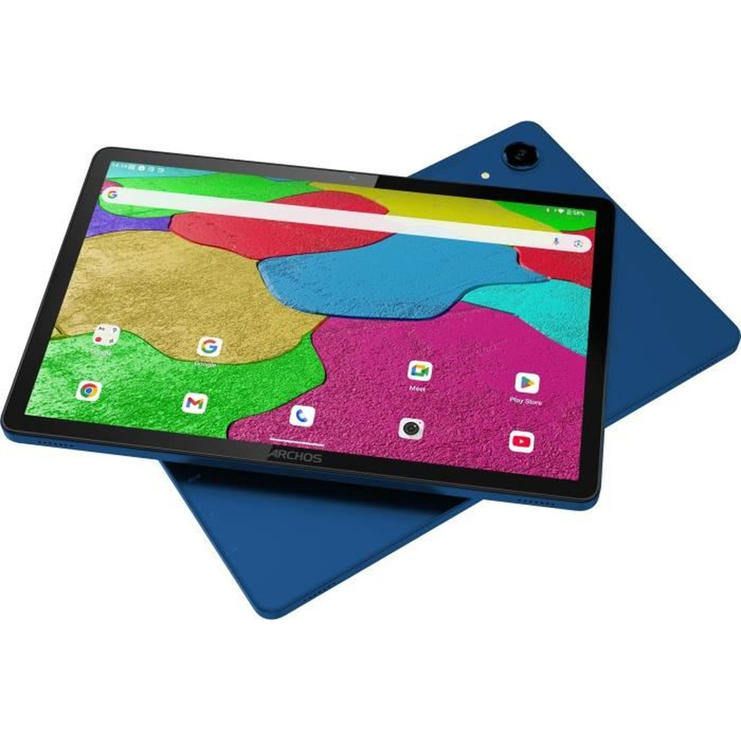 A blue tablet displays a colorful wallpaper with app icons on screen.