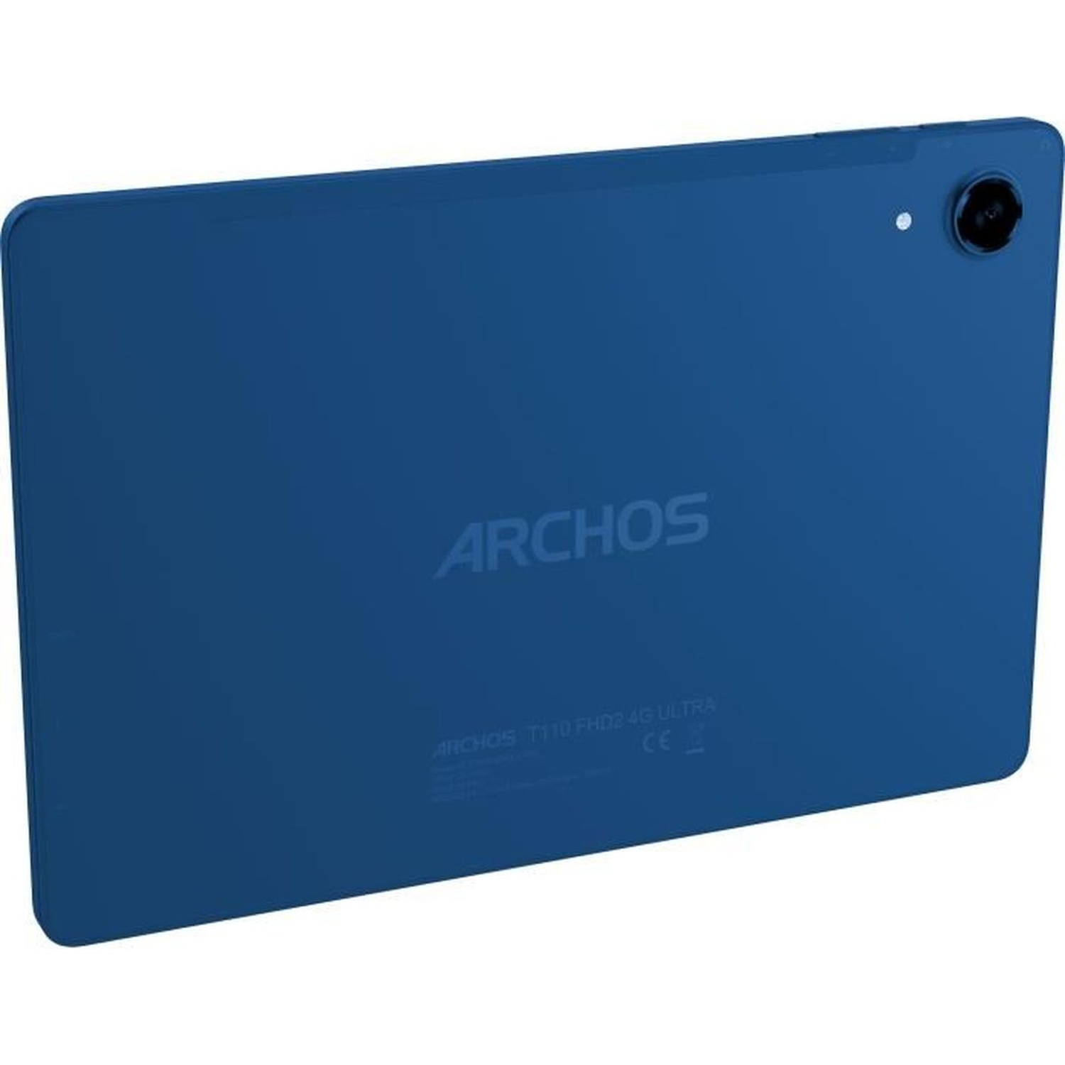 Back of a blue Archos tablet with camera and logo.