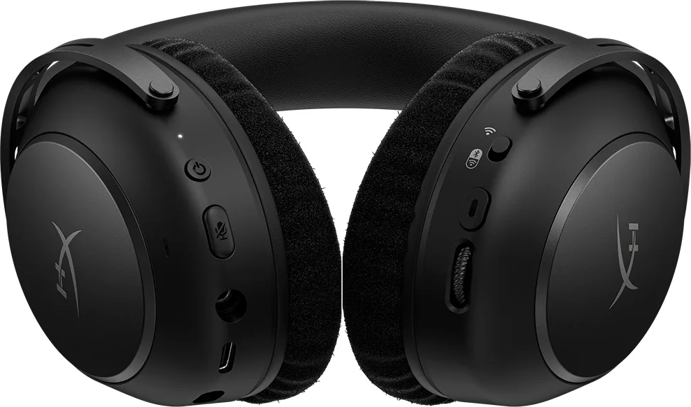 Schwarze Over-Ear-Kopfhörer mit Mikrofon-Stummschalttaste und Lautstärkeregler.