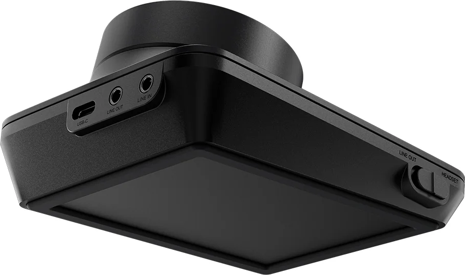 Schwarzes Audiogerät mit USB-C, Line-Out, Line-In und Headset-Anschlüssen.