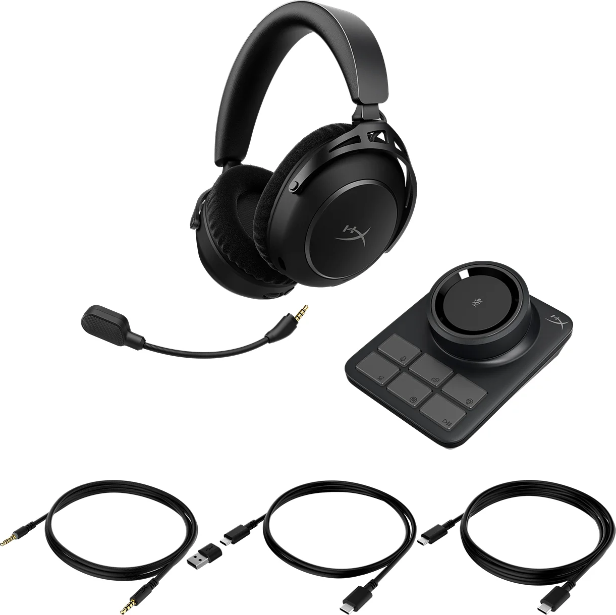 Schwarzes Headset mit Mikrofon, Bedieneinheit und Kabeln auf weißem Hintergrund.