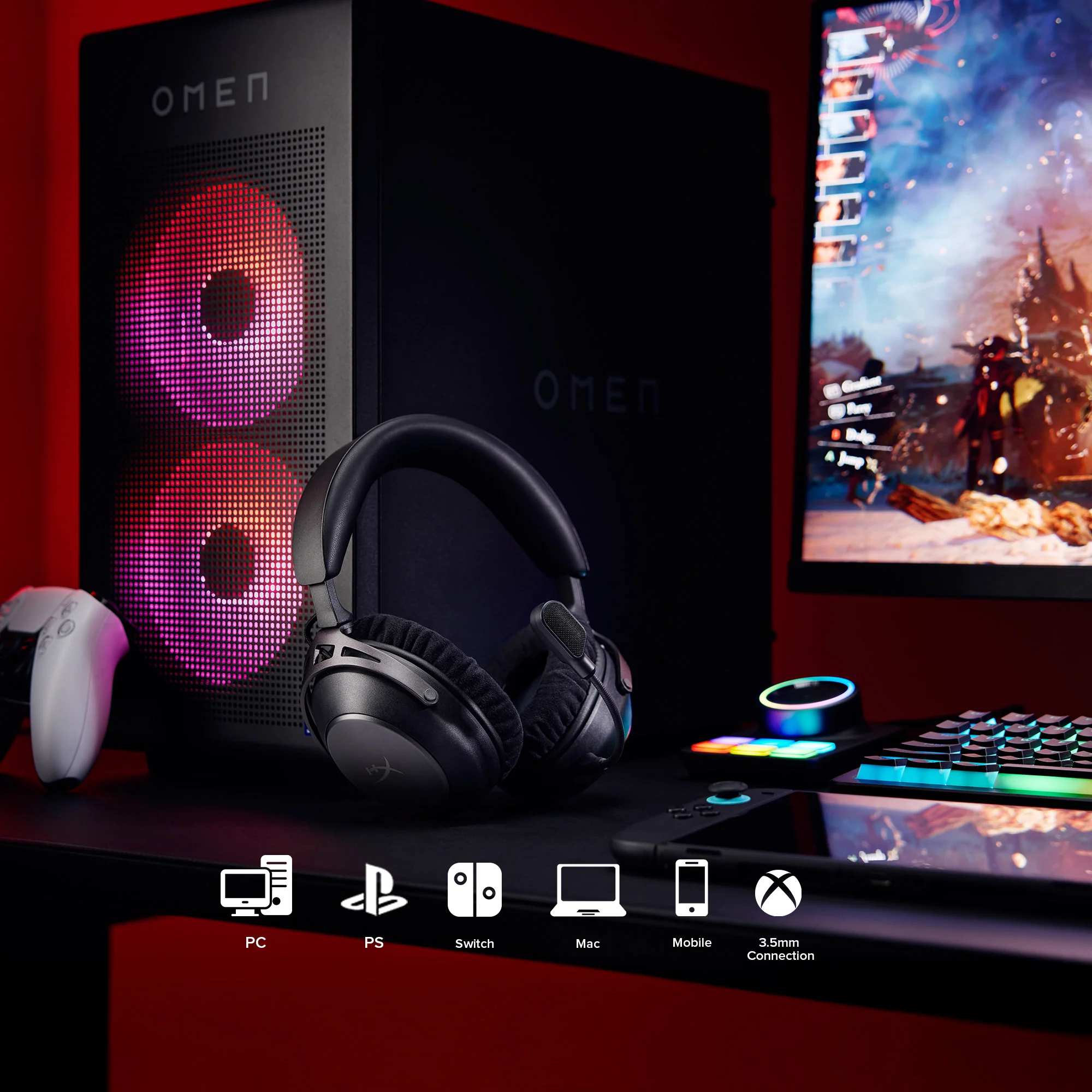 Ein Gaming-PC mit beleuchteten Lüftern, Kopfhörern, Controller und Tastatur.