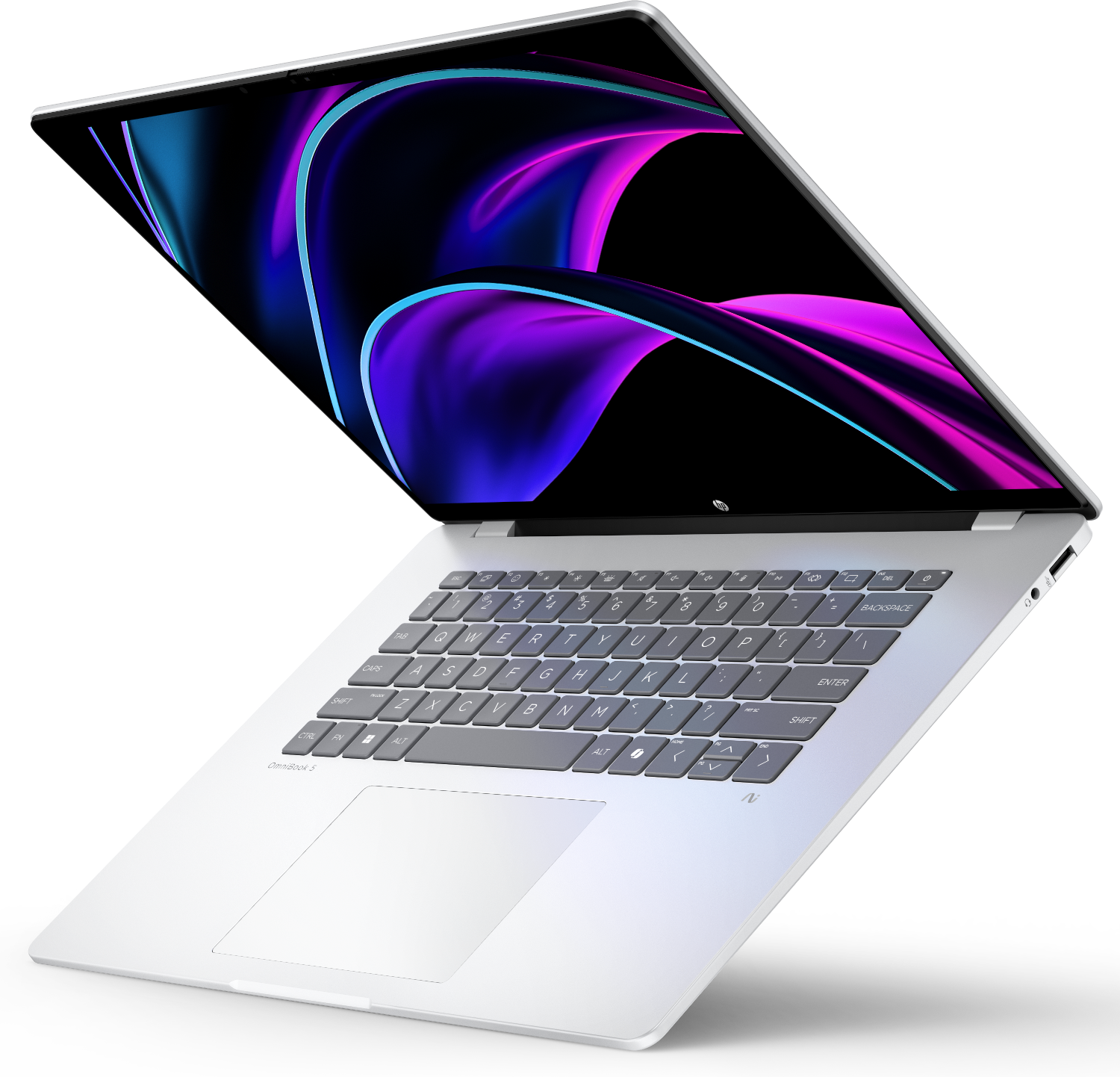 A silver laptop with its screen open, displaying an abstract colorful pattern.