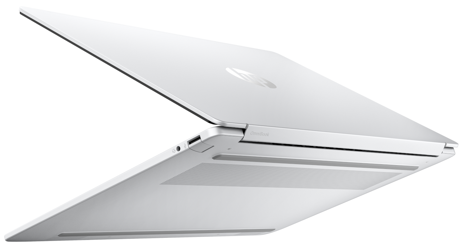 A white HP Omnibook laptop with its lid open, viewed from below.