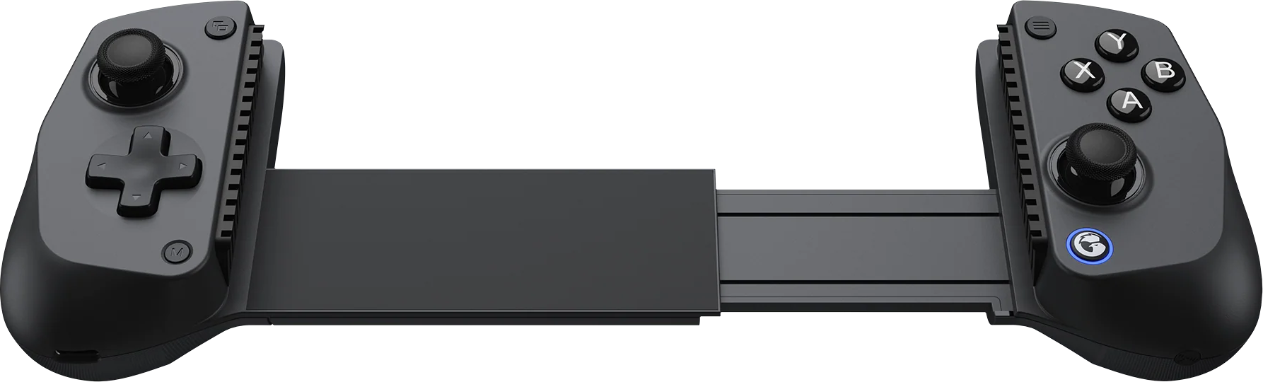 Un controller di gioco nero ed estensibile con joystick, pulsanti e D-pad.