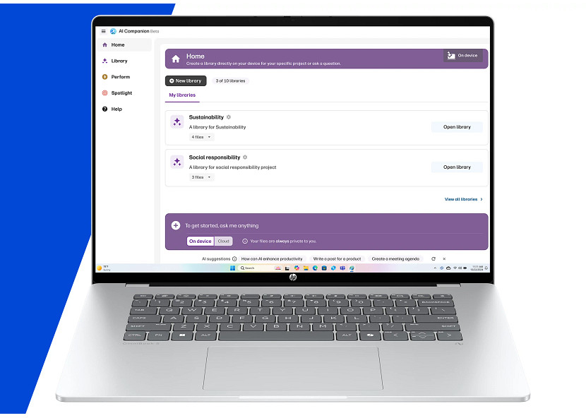 Laptop screen displays AI Companion Beta interface with 'My libraries' showing Sustainability and Social Responsibility.
