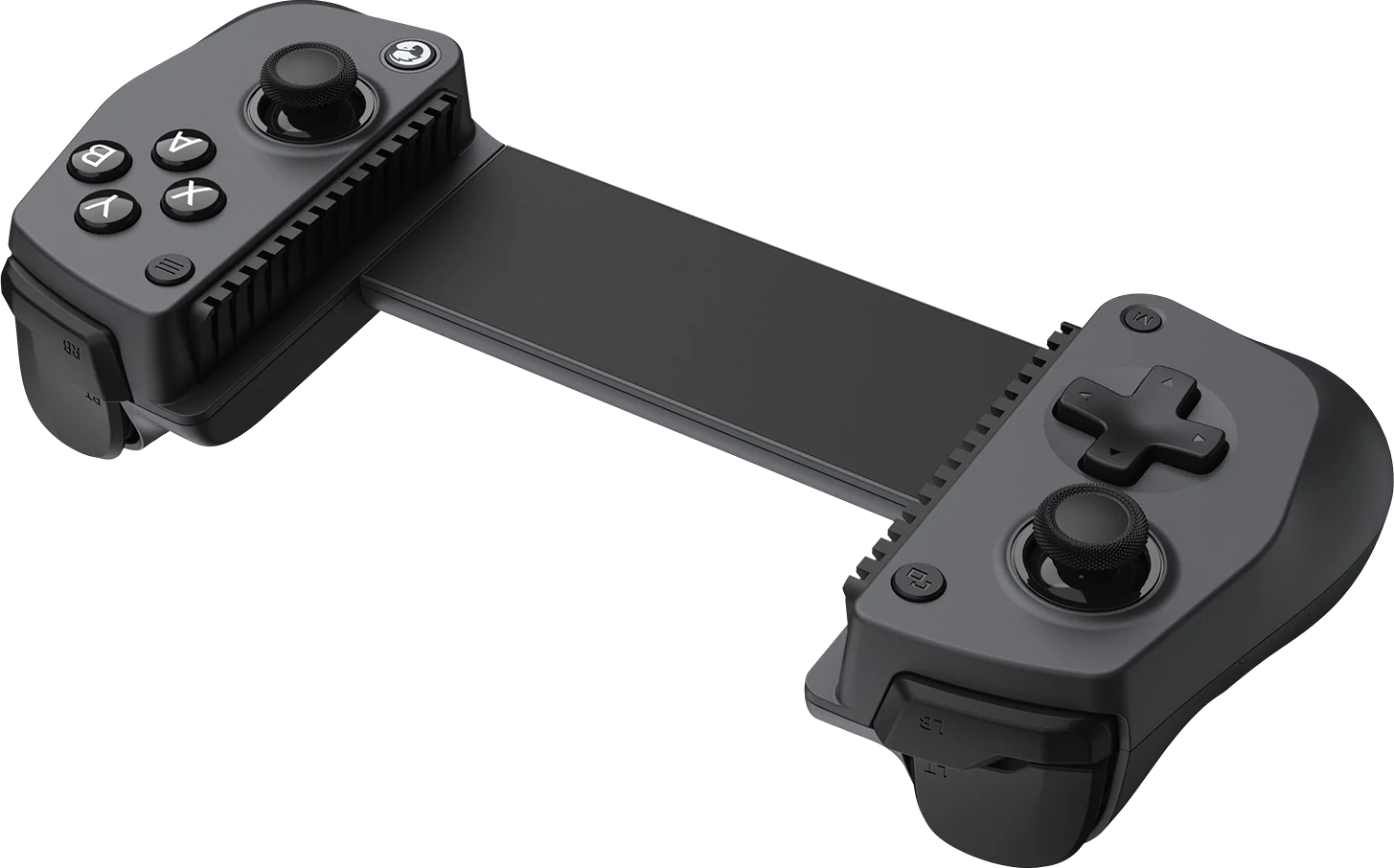 Un controller mobile nero ed estensibile con joystick e pulsanti.