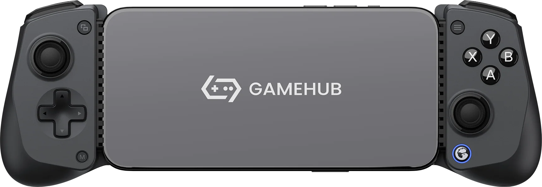 Un controller di gioco grigio con joystick, pulsanti e logo GAMEHUB.