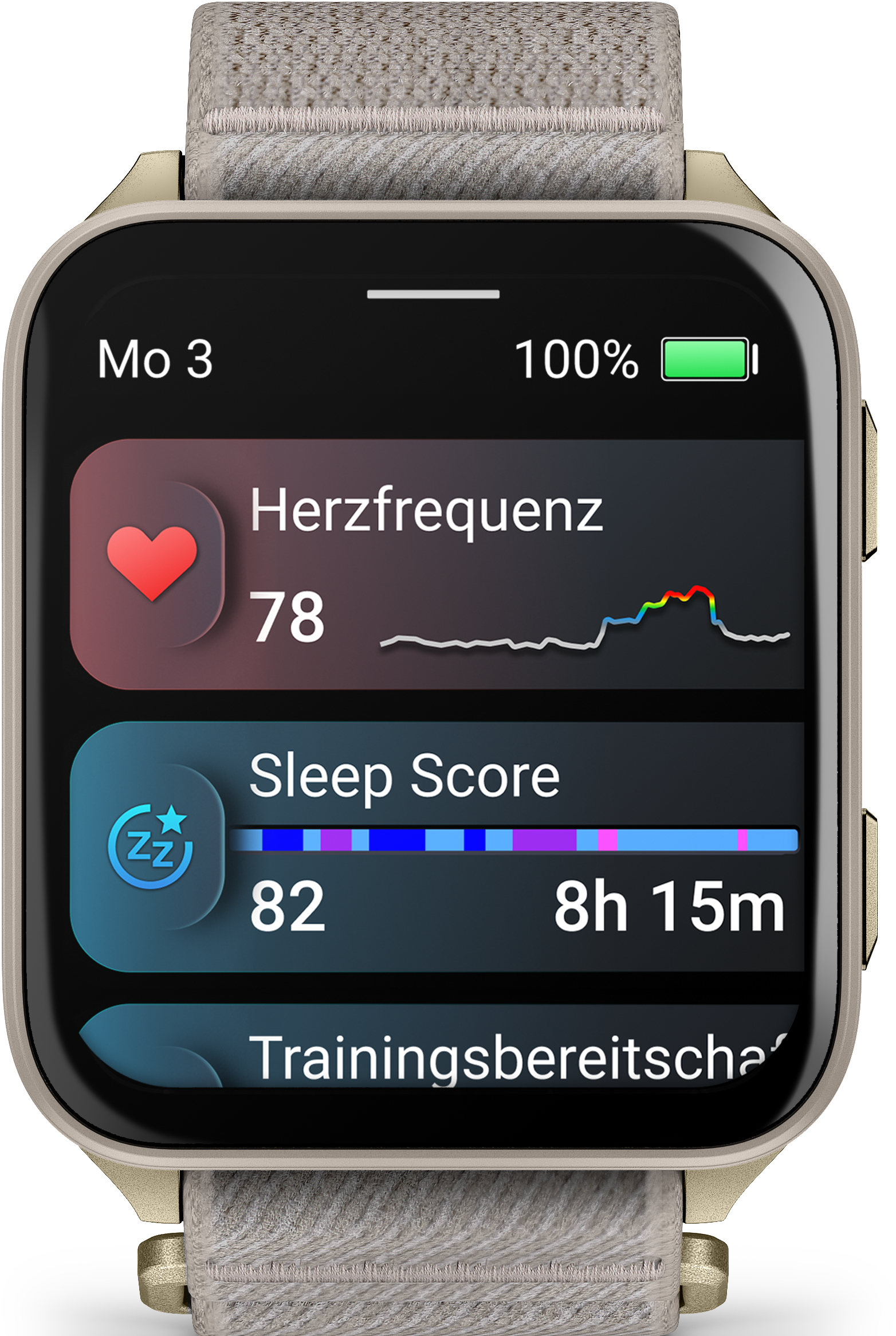 Smartwatch zeigt Herzfrequenz, Schlaf-Score und Trainingsbereitschaft an.