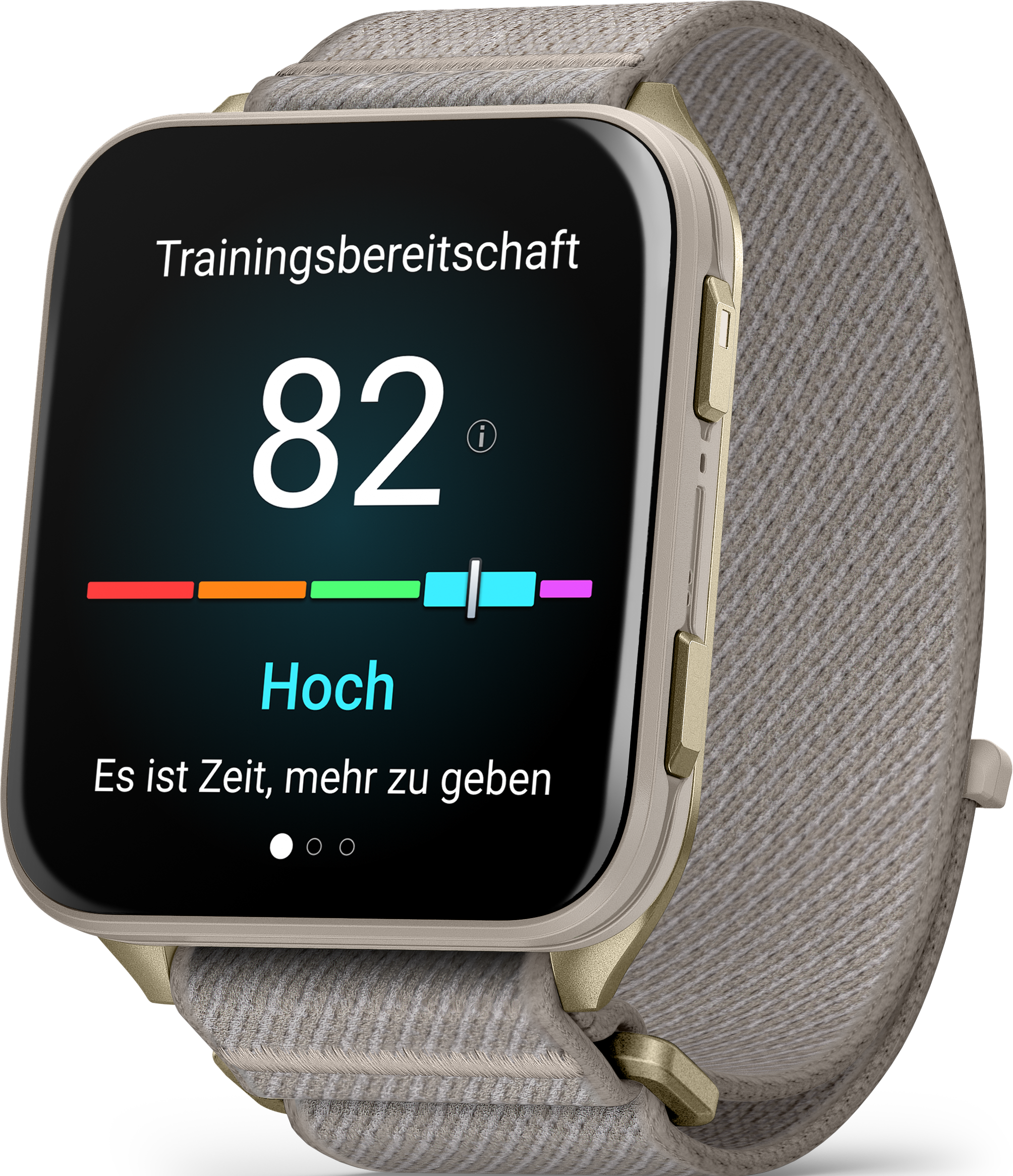 Smartwatch mit "Trainingsbereitschaft 82 Hoch" Anzeige.