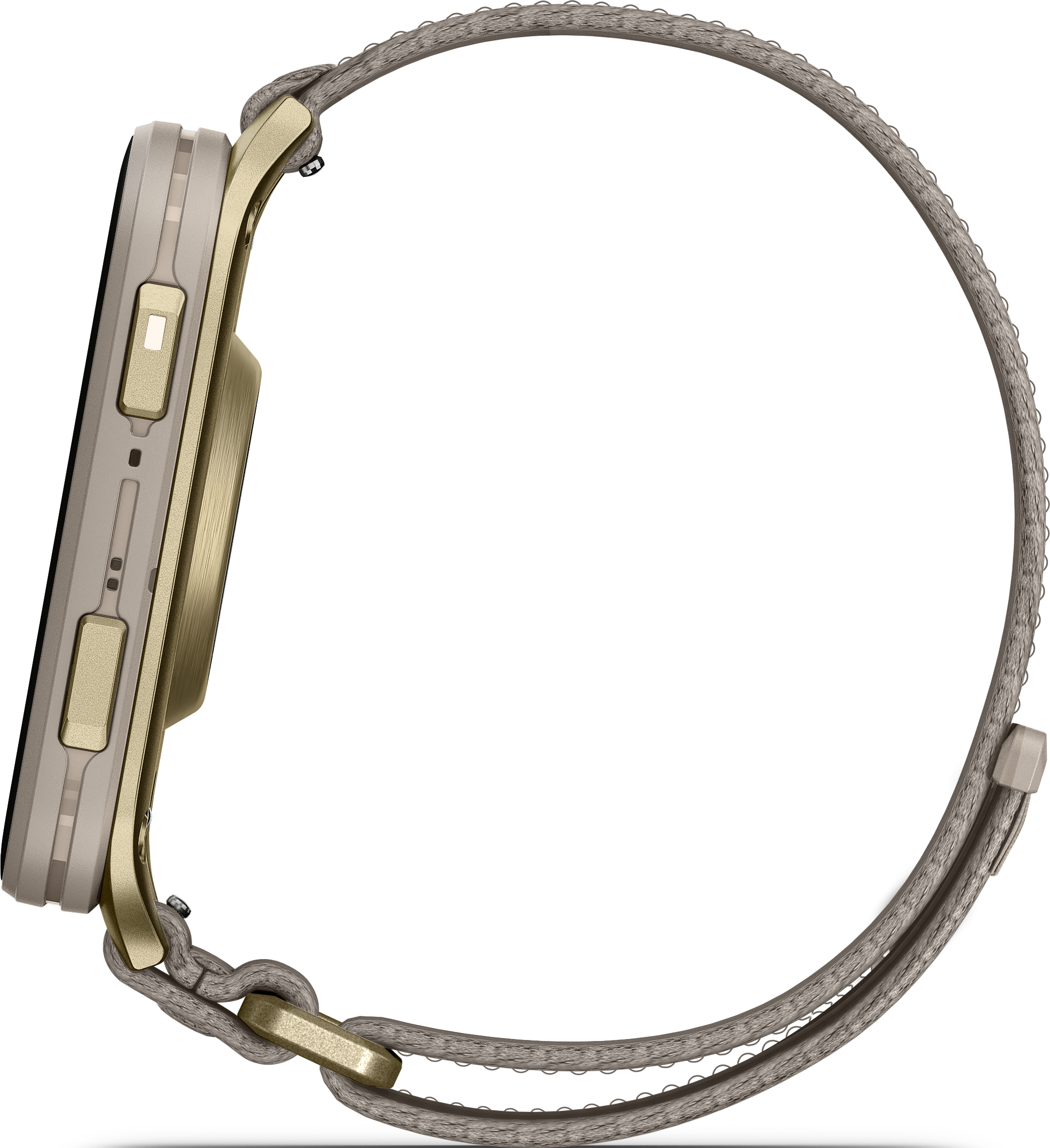 Goldfarbene Smartwatch mit grauem Armband und Bedienelementen.