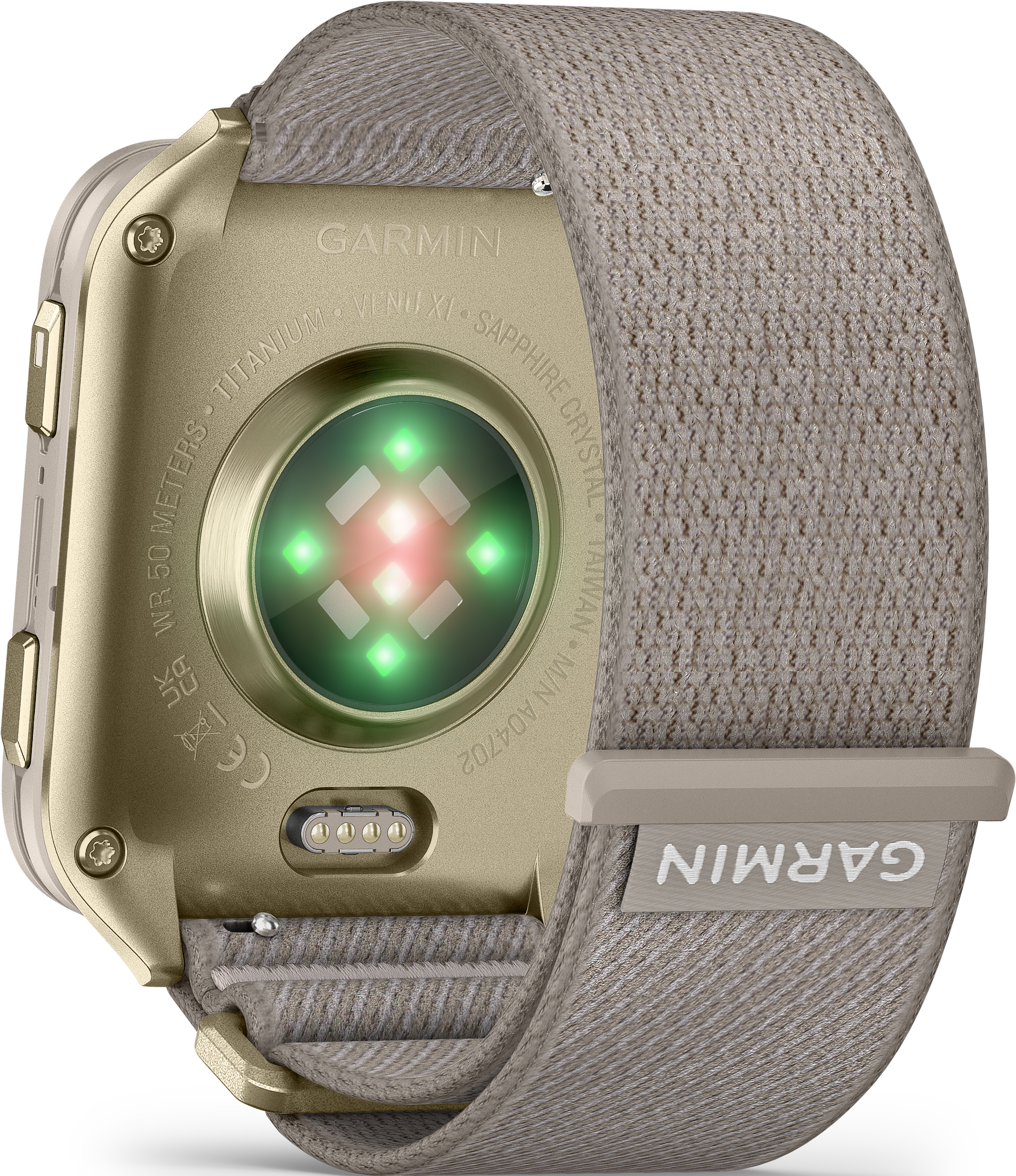 Rückseite einer goldenen Smartwatch mit Herzfrequenzsensor und Stoffarmband.