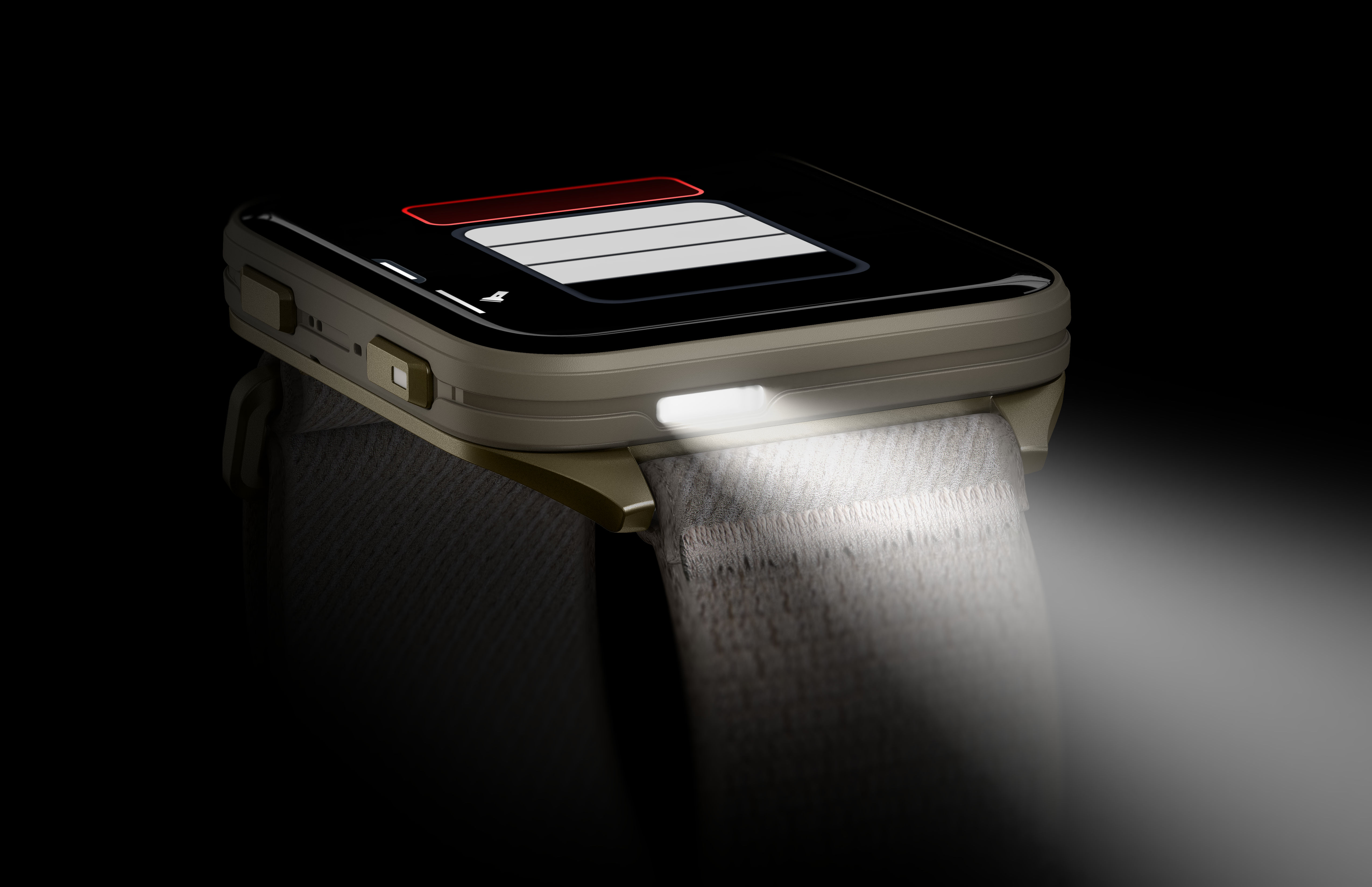 Eine Smartwatch mit eingeschalteter Taschenlampe, die einen hellen Lichtkegel wirft.