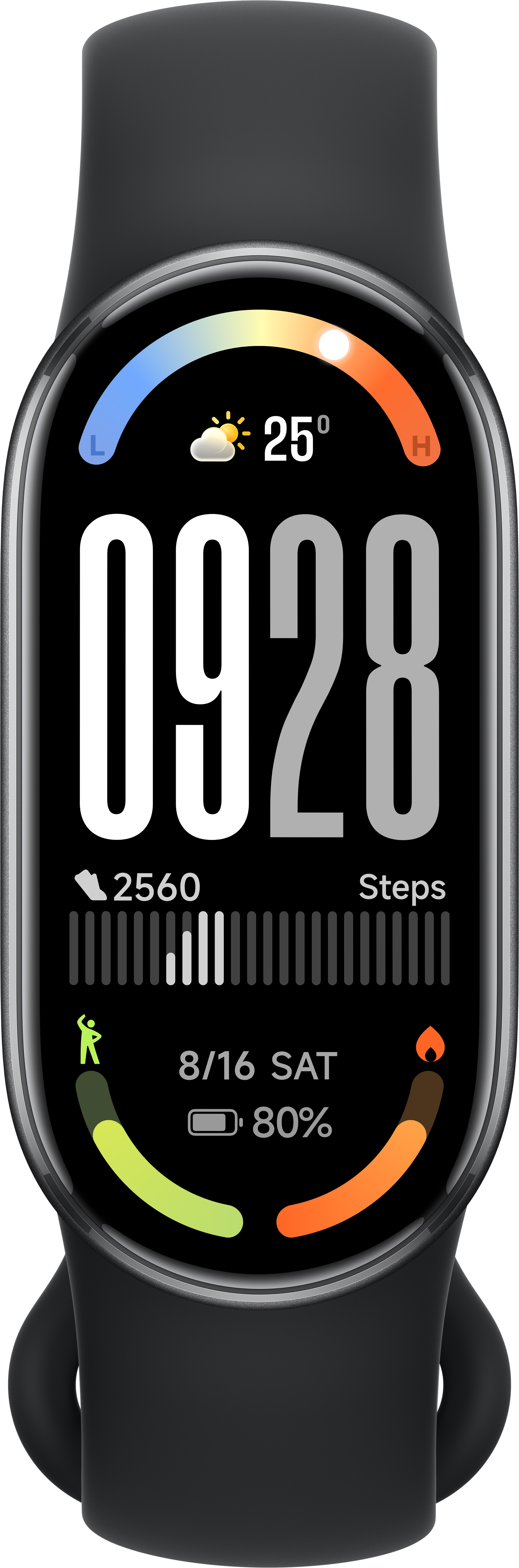Orologio fitness mostra 25 gradi, 928 passi, 80% batteria, data 8/16.