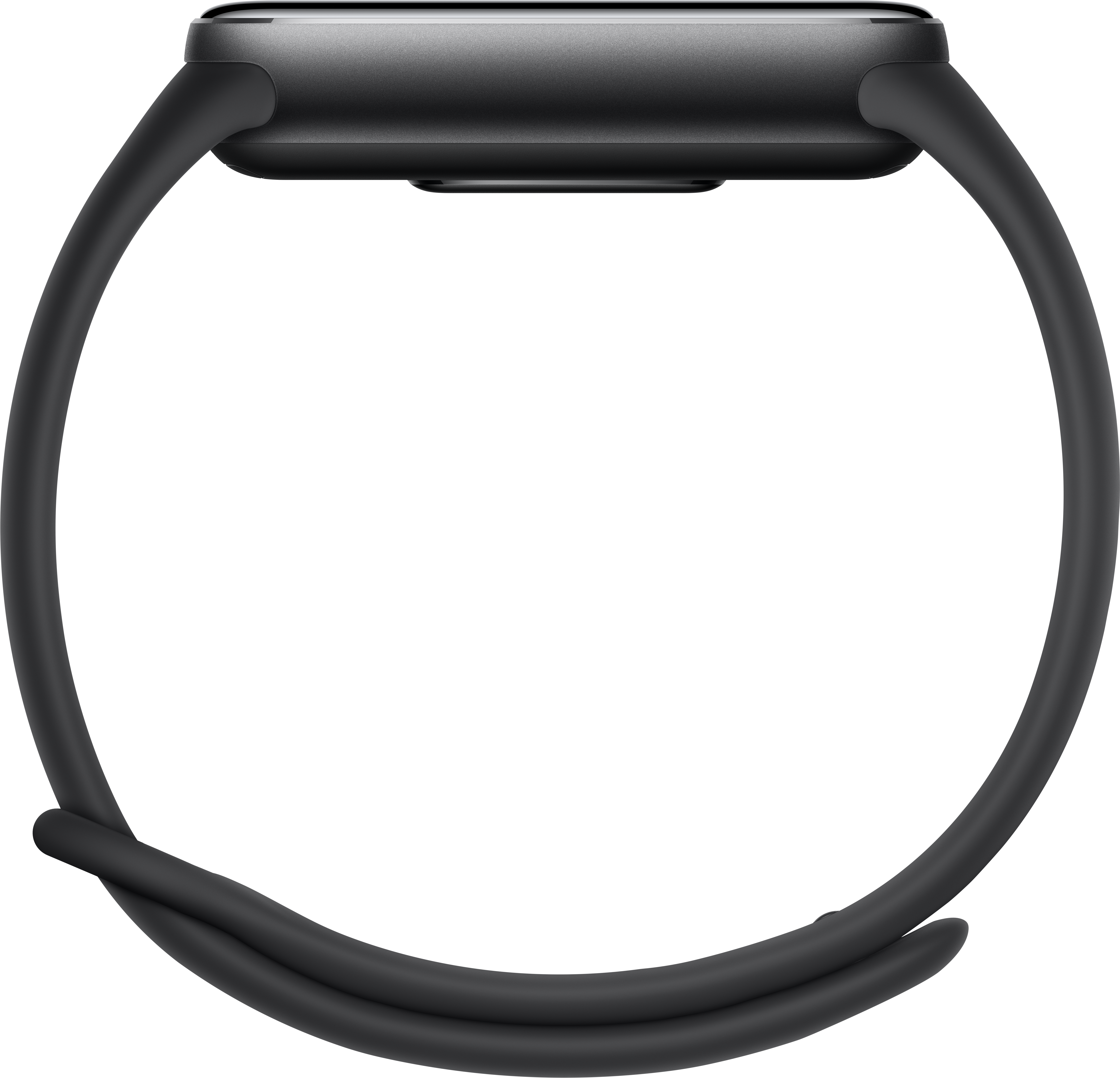 Un cinturino per smartwatch nero con cassa rettangolare.