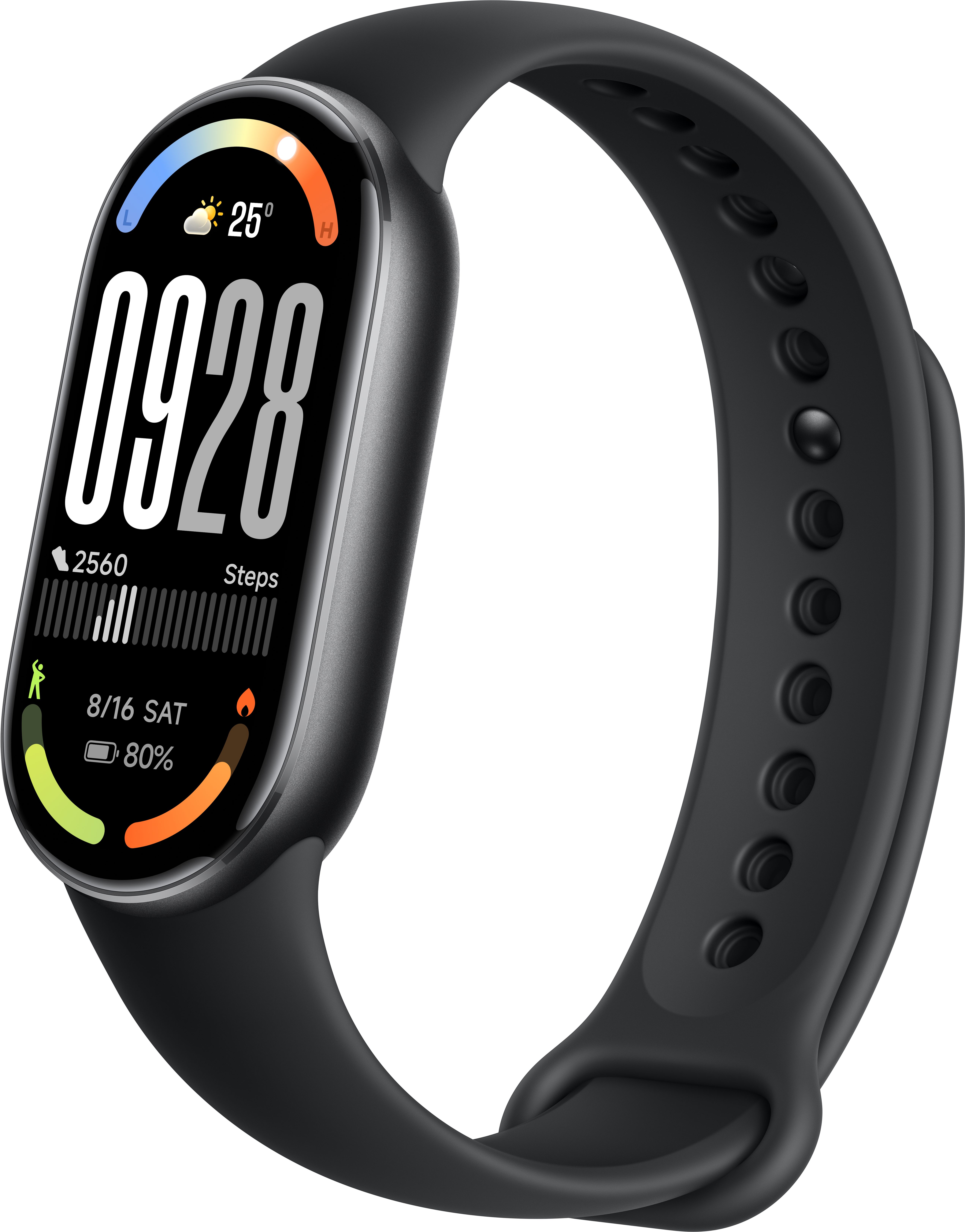 Smart band nero con display digitale: ora, passi, data, batteria.