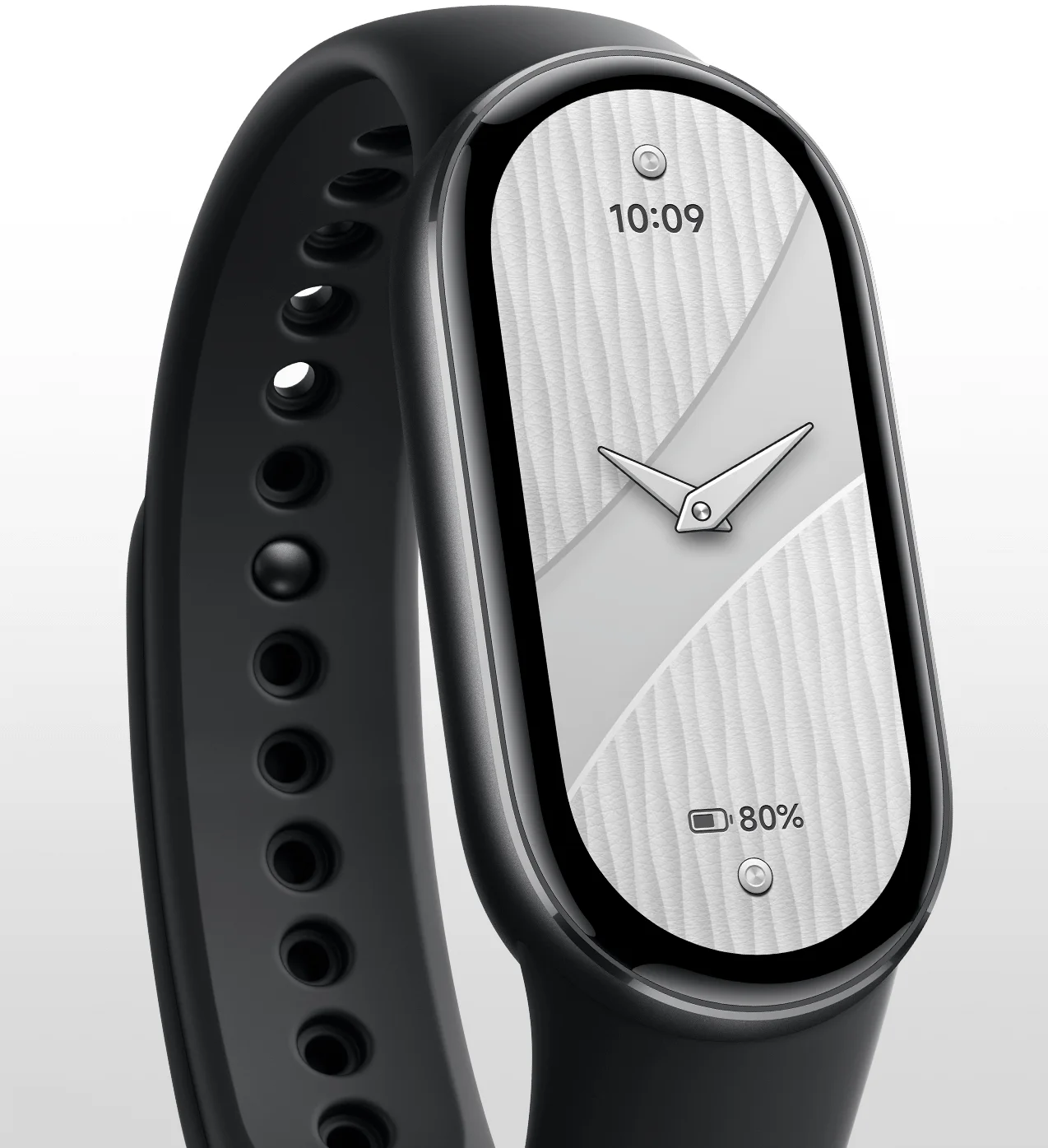 Uno smartwatch nero con quadrante bianco, ora 10:09 e batteria all'80%.
