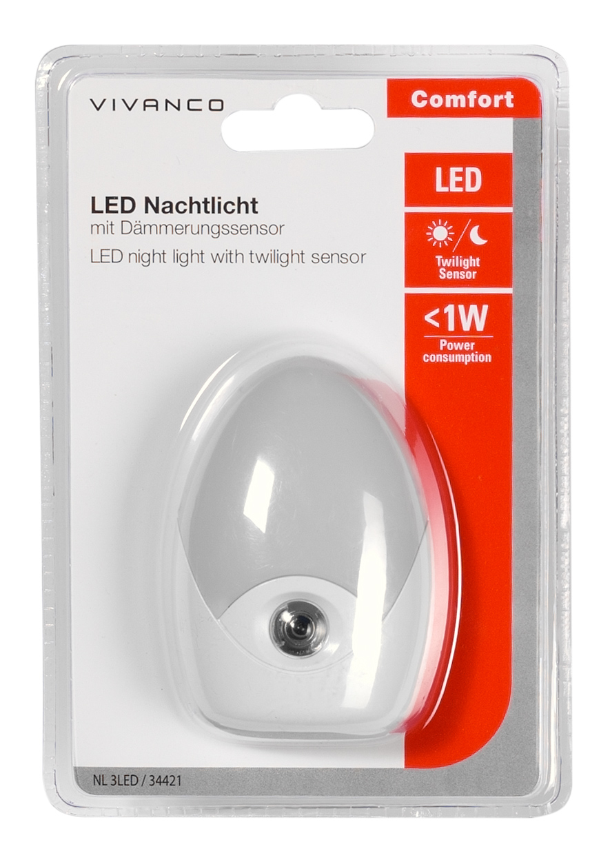 Ein weißes LED-Nachtlicht mit Dämmerungssensor in Blisterverpackung.